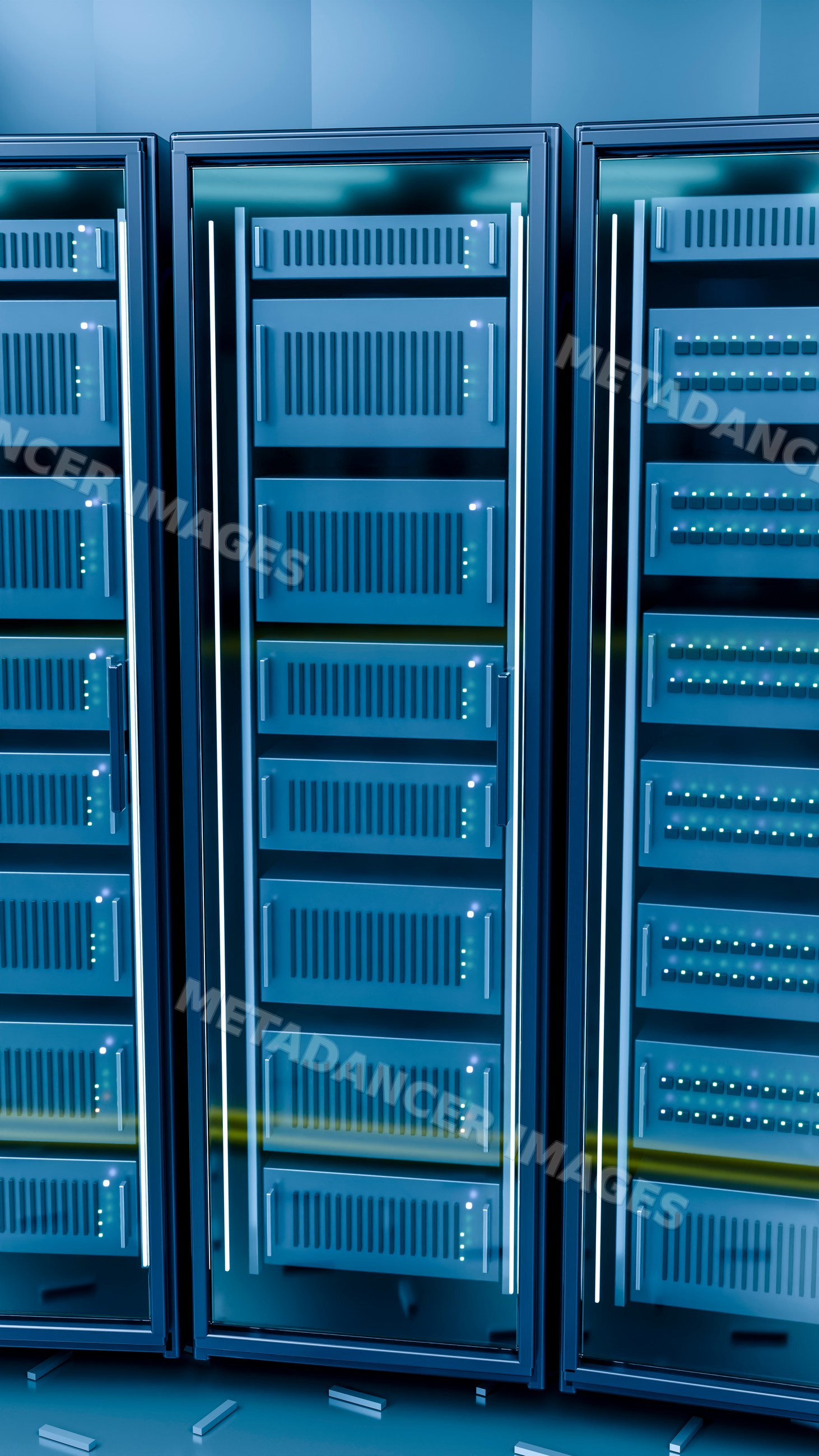 Server racks with network equipment in technology room
