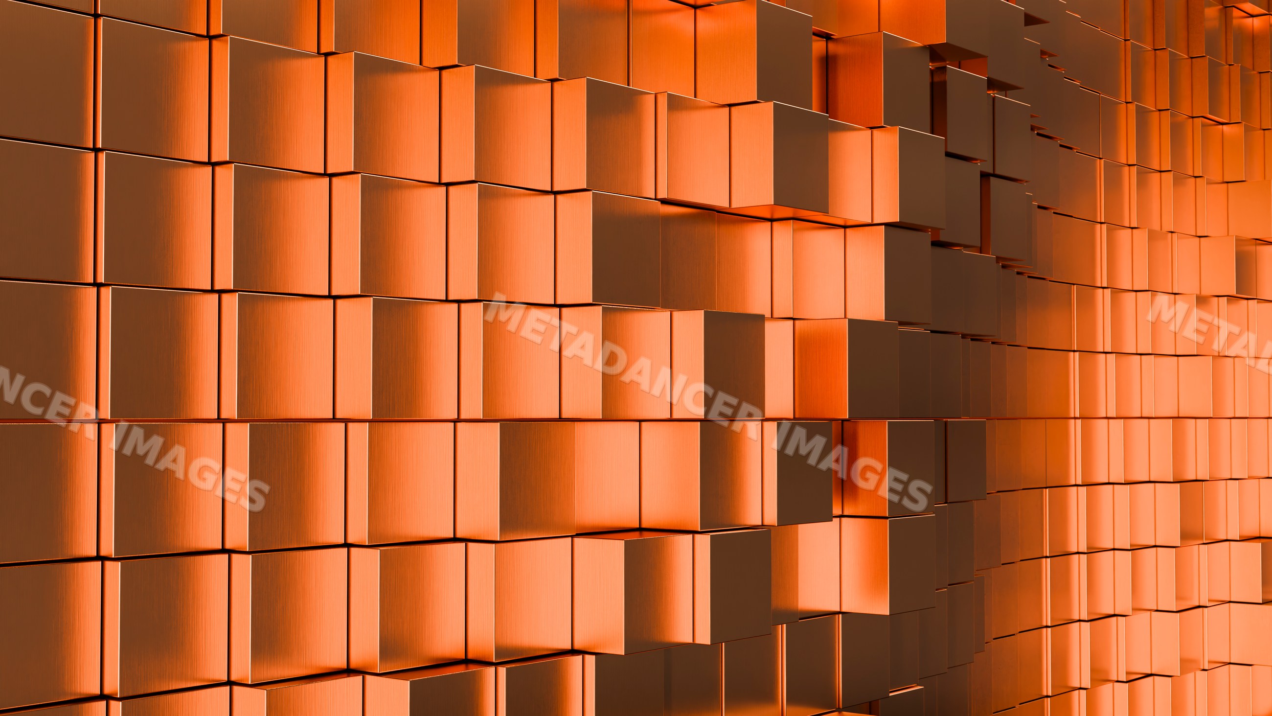 Abstract orange metallic cube wall with geometric 3d pattern