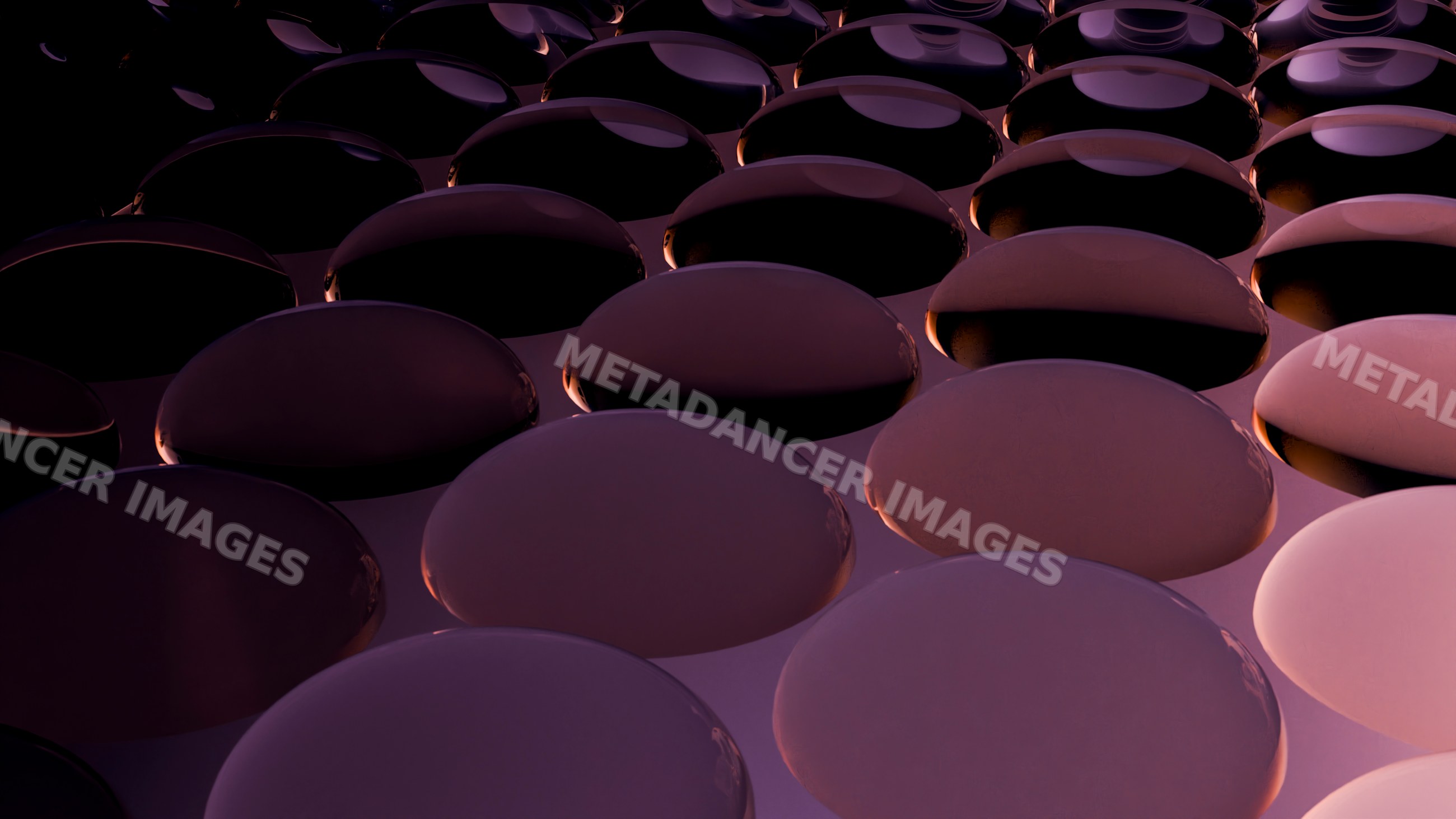 Purple water droplets illustrating surface tension and reflection