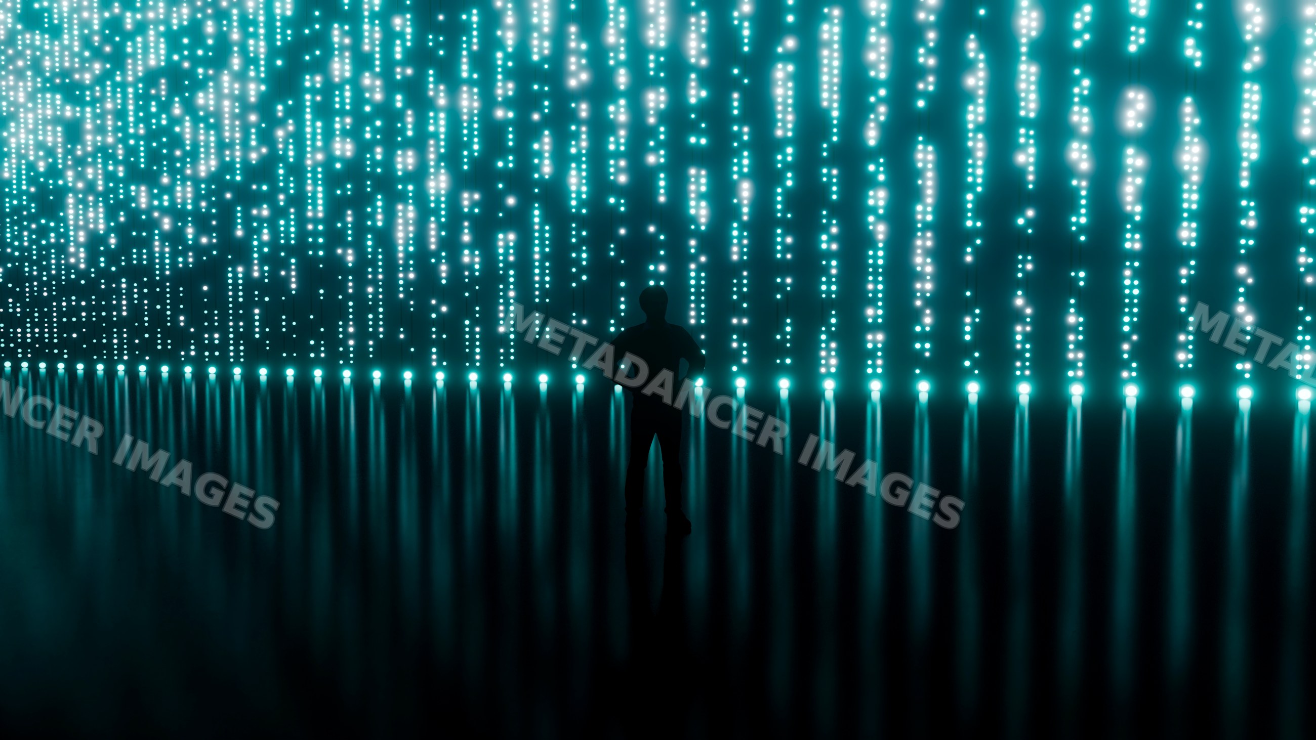 Silhouette of person amid vertical glowing light dots