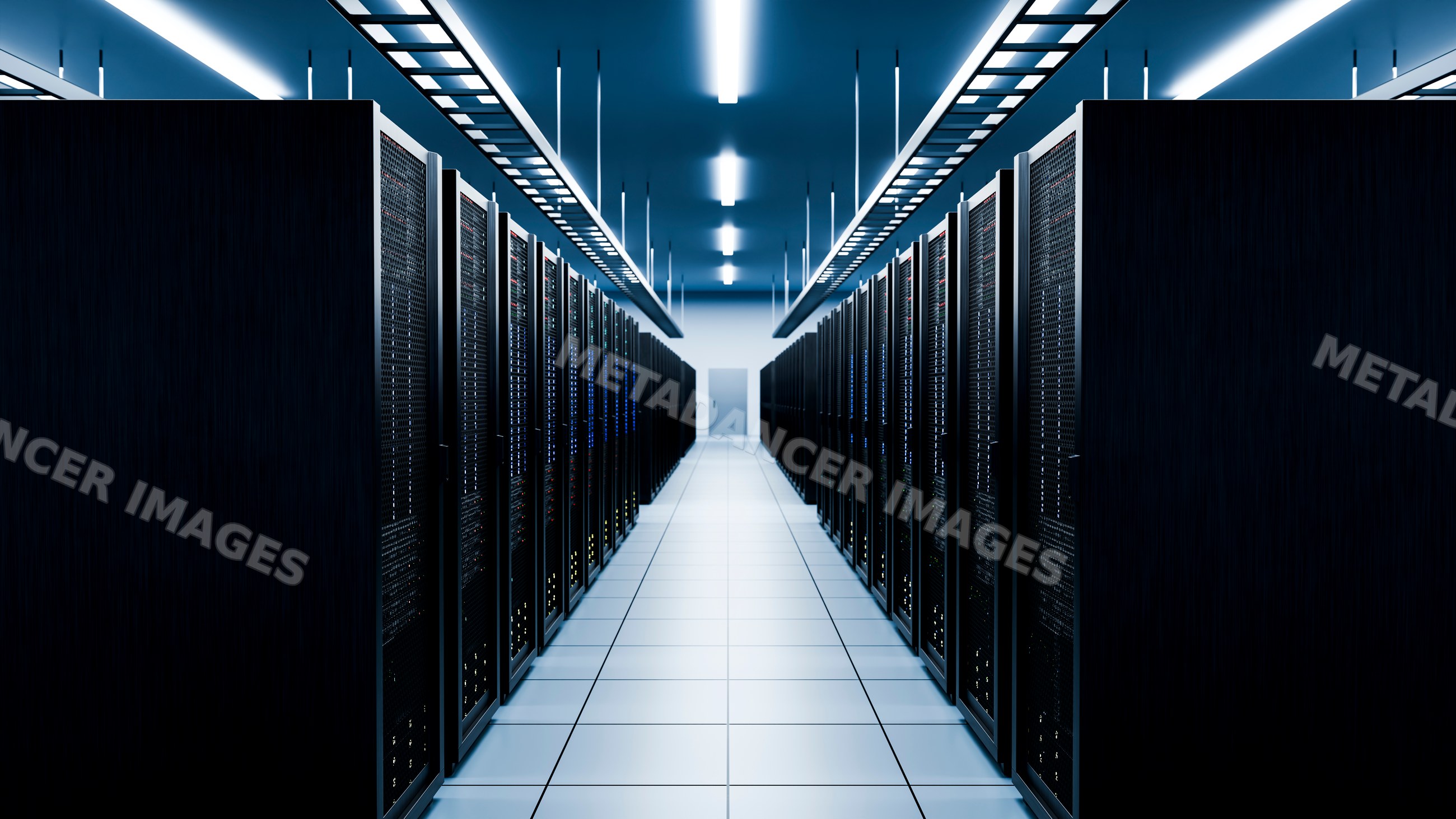 Server racks in modern data center aisle