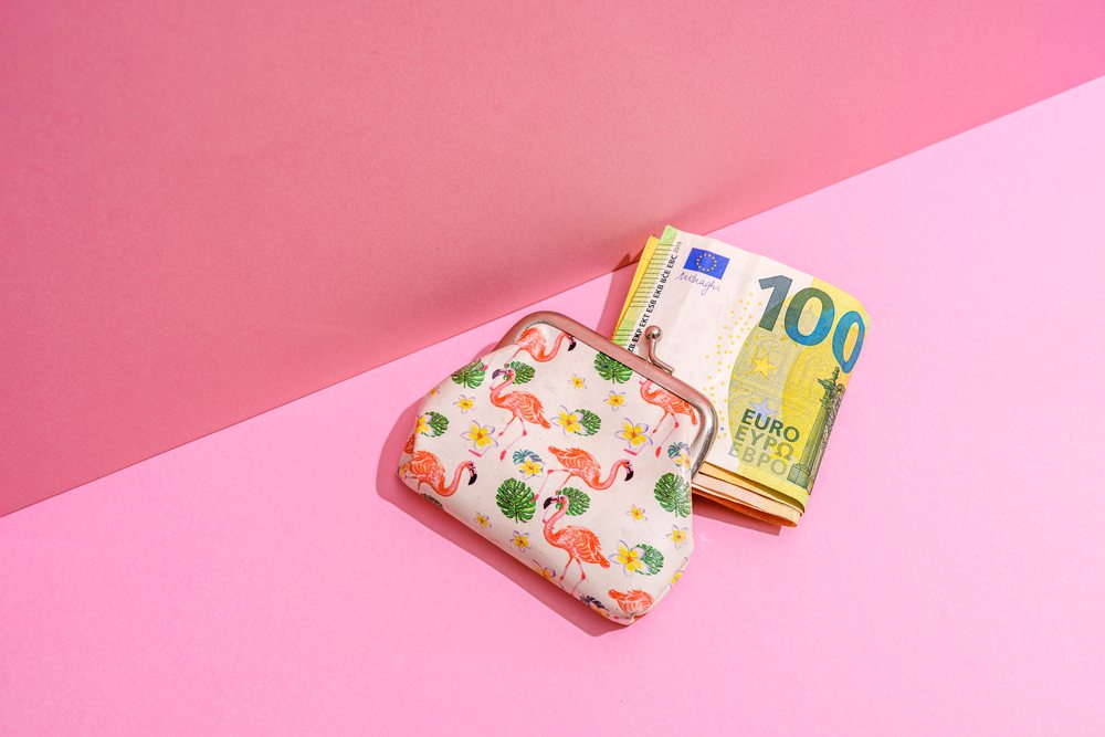 Coin purse containing 100 euro notes on pink studio background