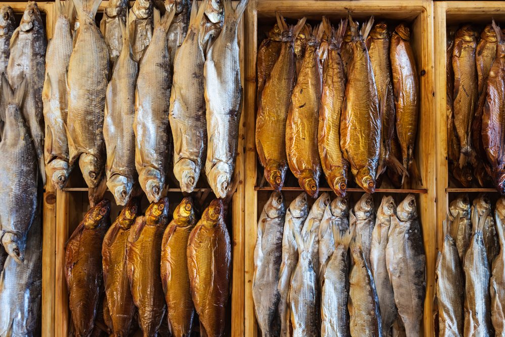 Smoked Fish arranged in wooden crates in tsovagyugh, Armenia