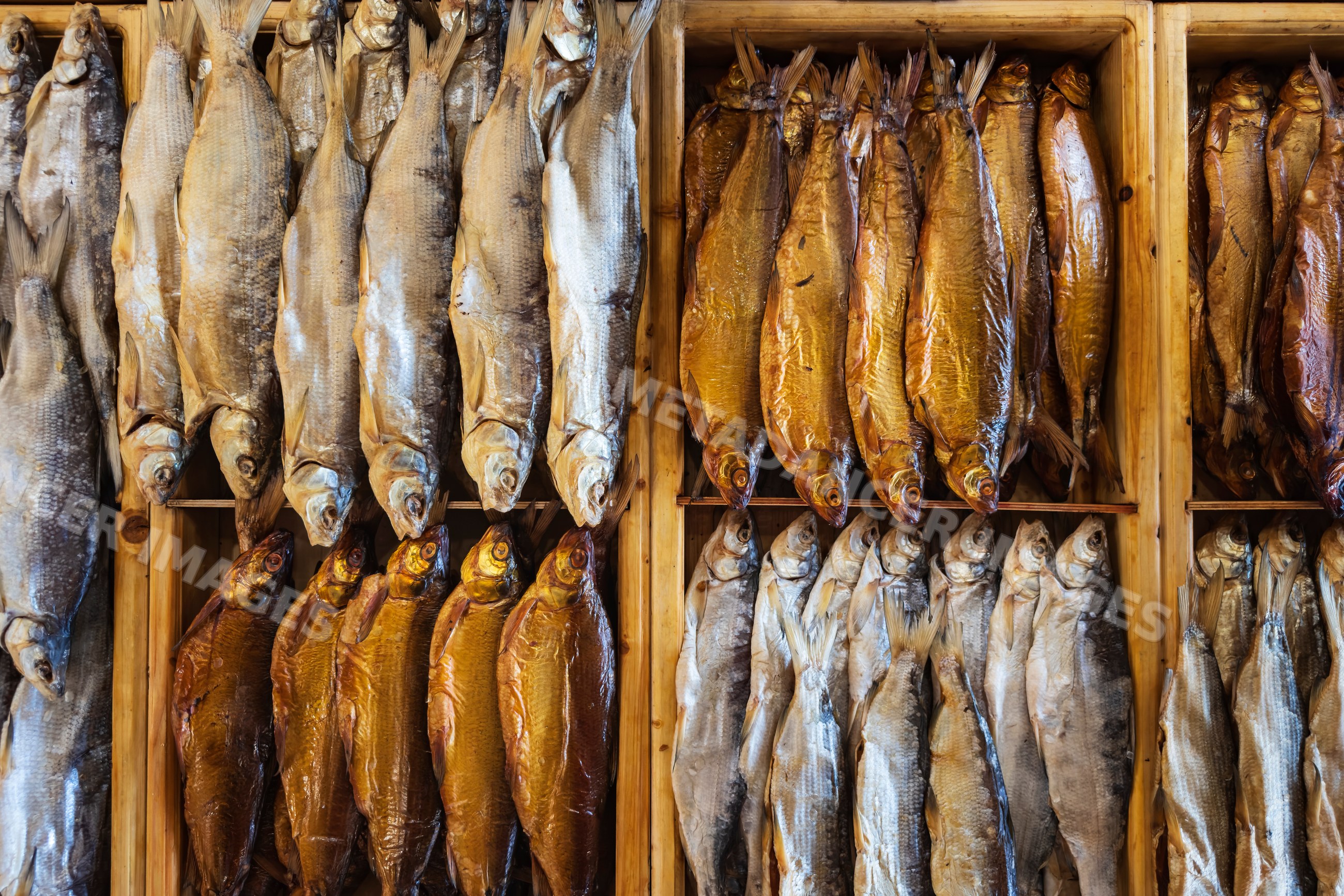 Smoked Fish arranged in wooden crates in tsovagyugh, Armenia
