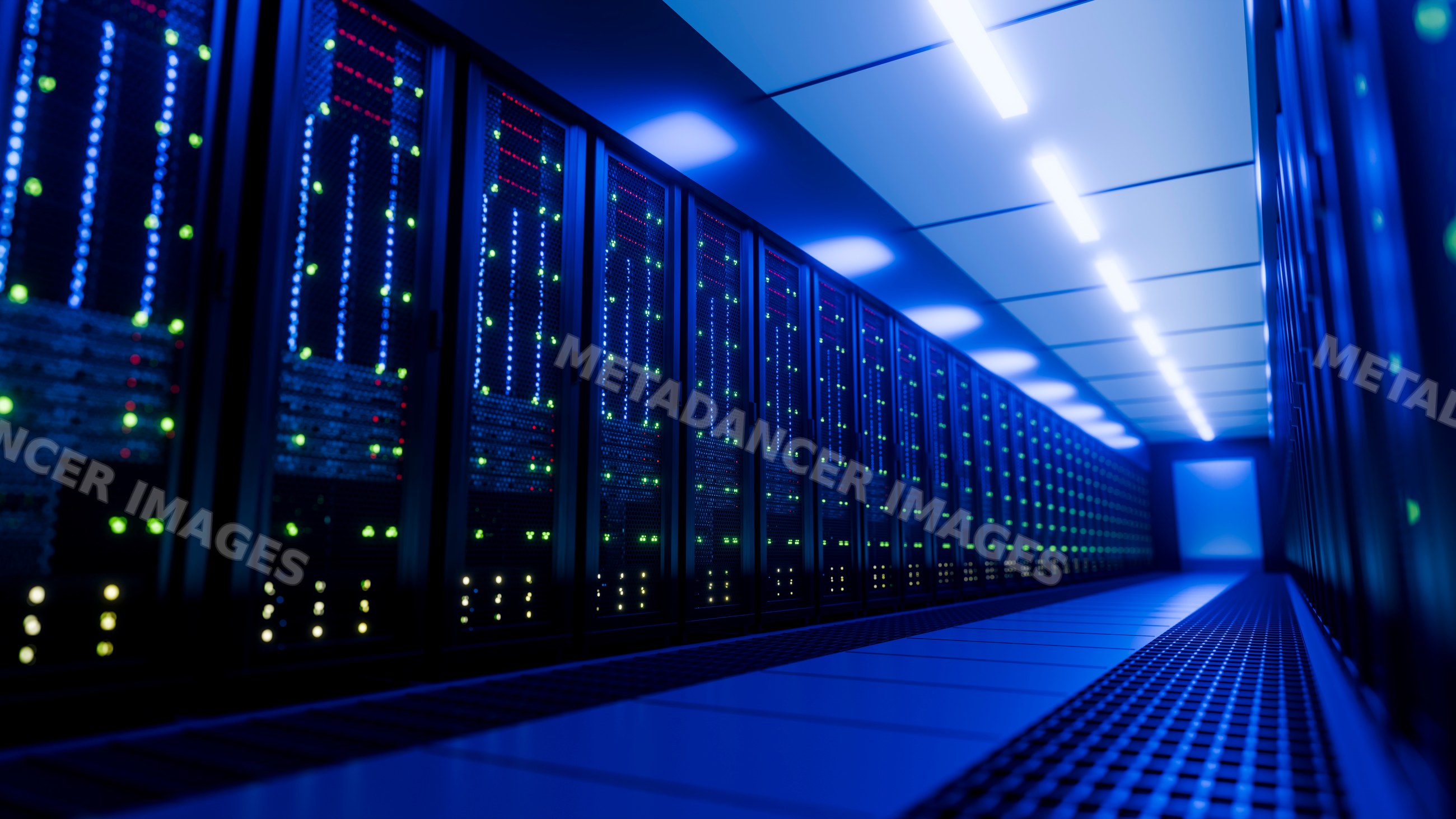 Server racks with numerous led status lights in data center hallway