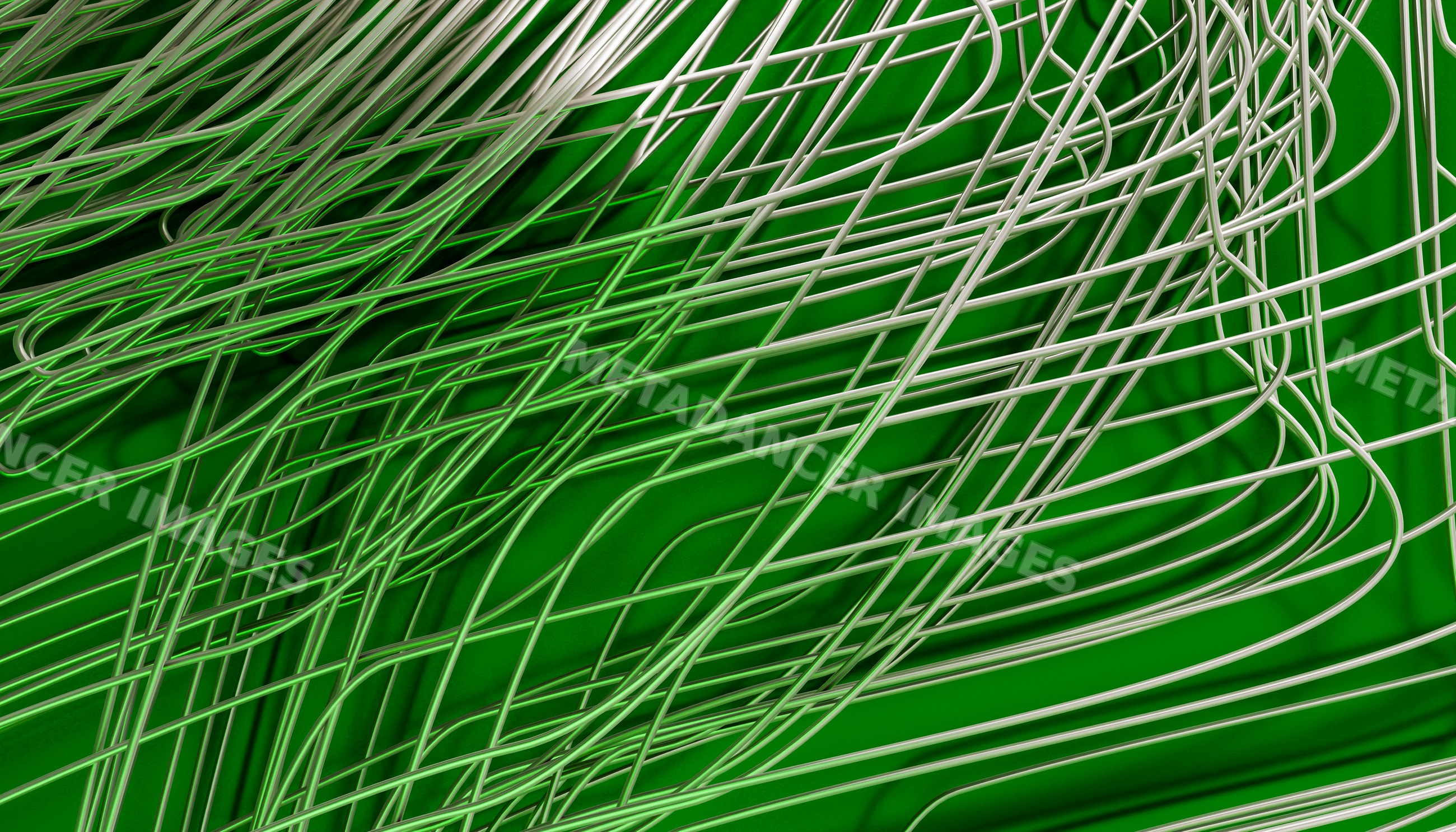 Wire sculpture with curved metal wires on green background