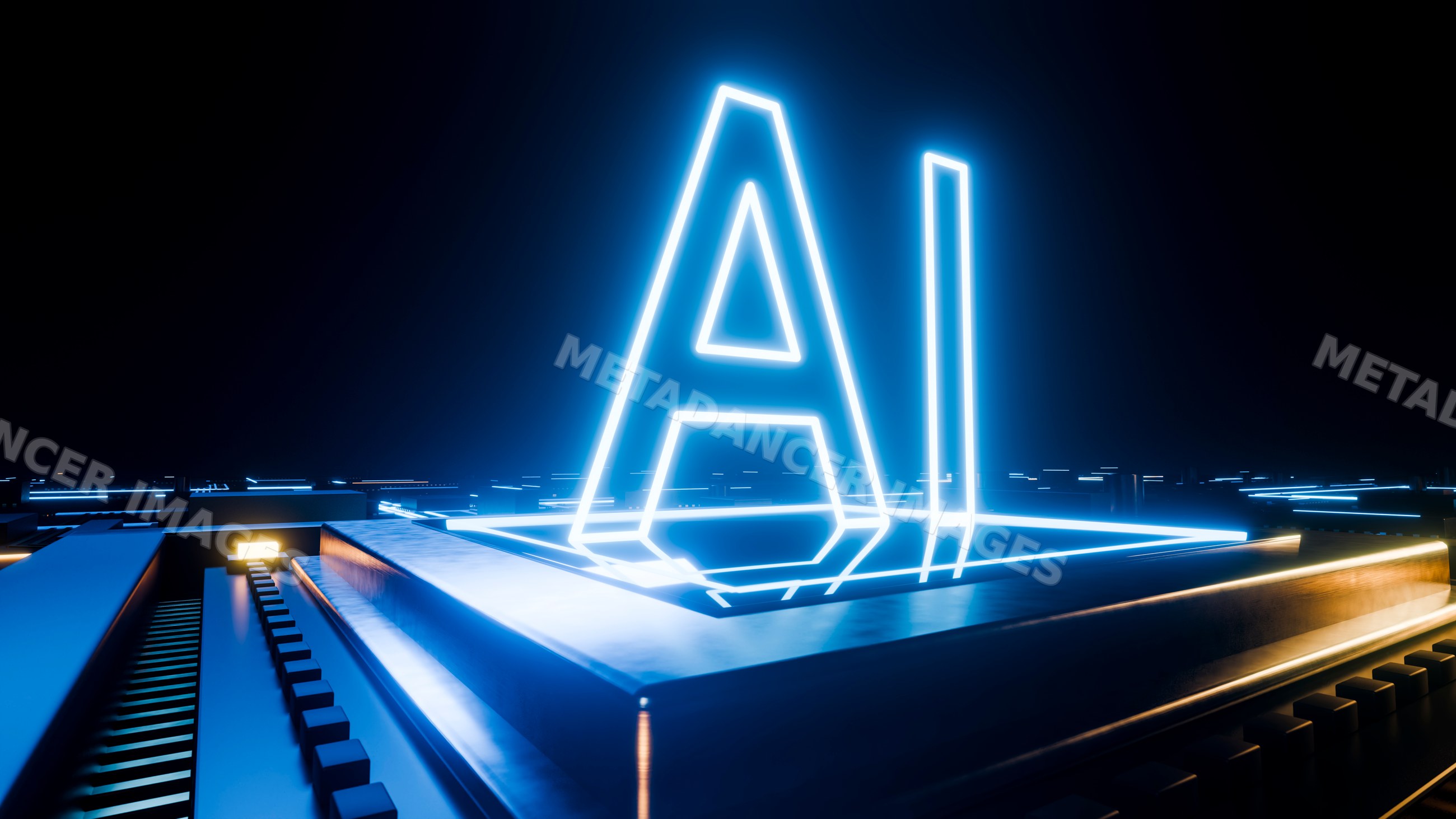 Glowing ai letters on futuristic digital microchip