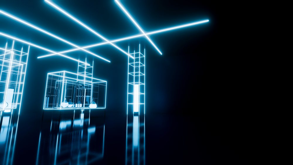 Neon blue light installation with geometric beams in dark room