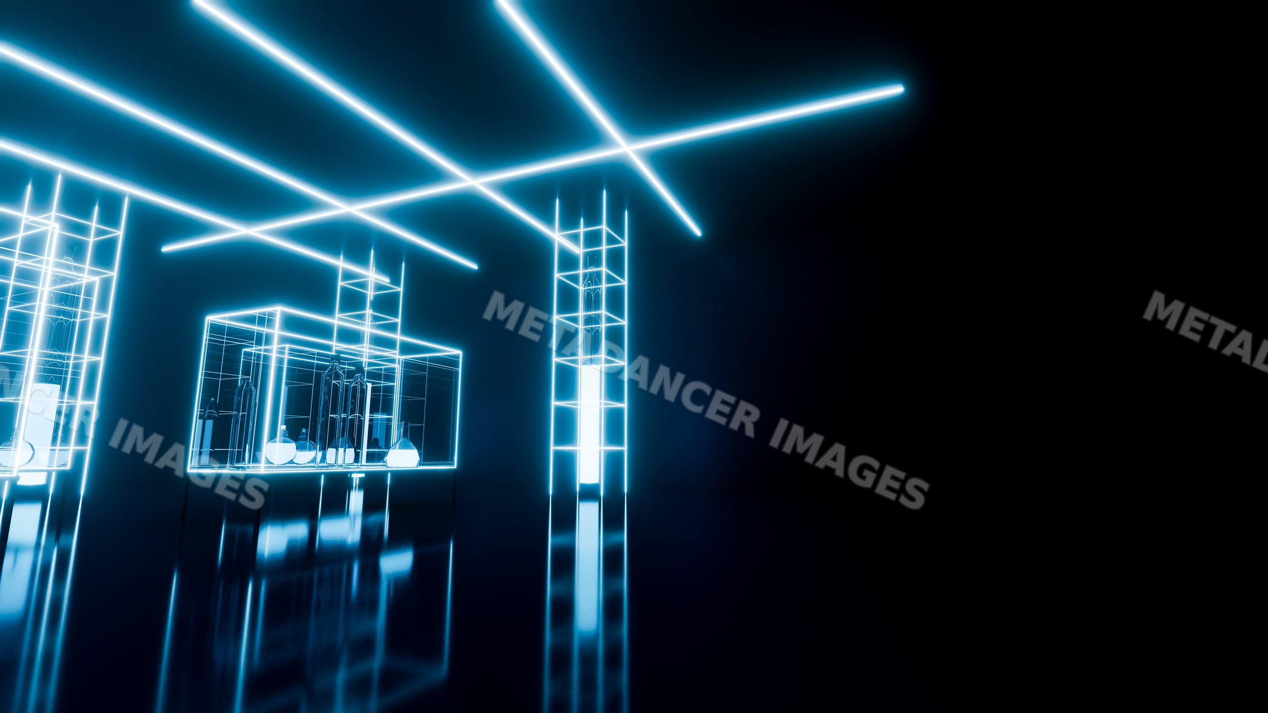 Neon blue light installation with geometric beams in dark room