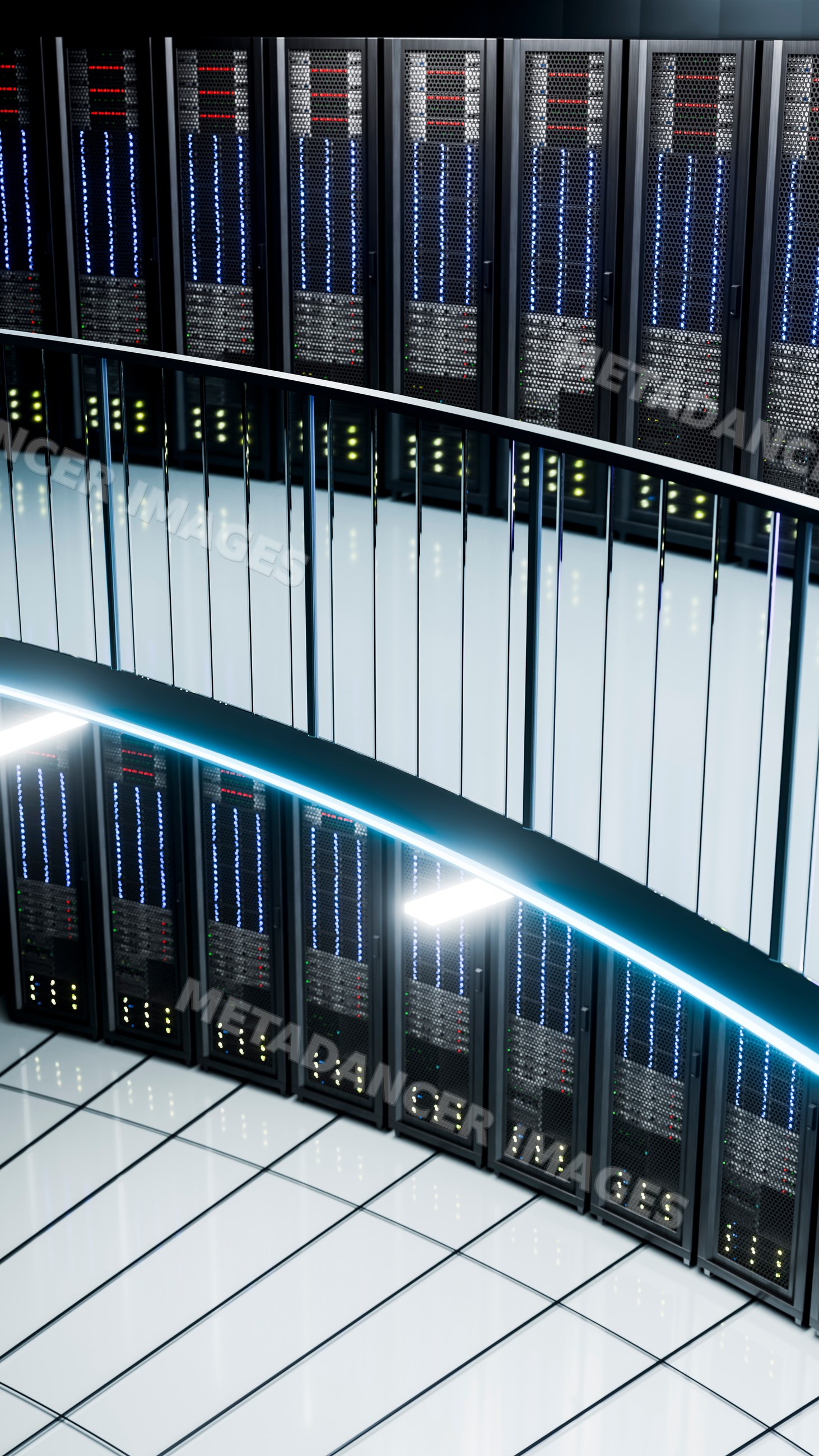 Modern data center with rows of illuminated server racks and curved