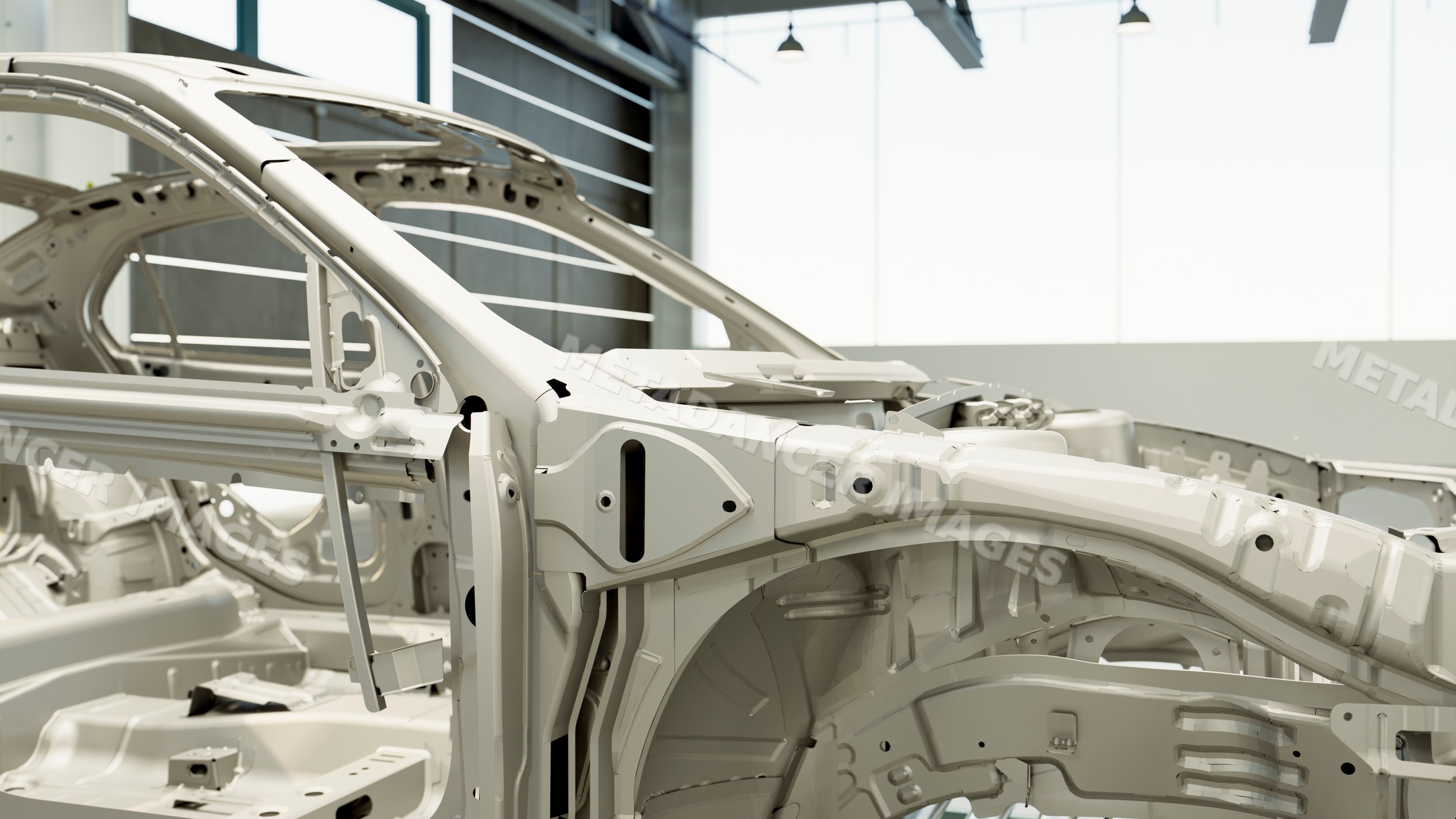 Car frames in automobile factory during manufacturing process