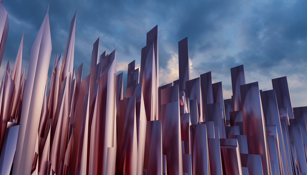 Abstract sharp metallic structures reflecting light under a cloudy sky