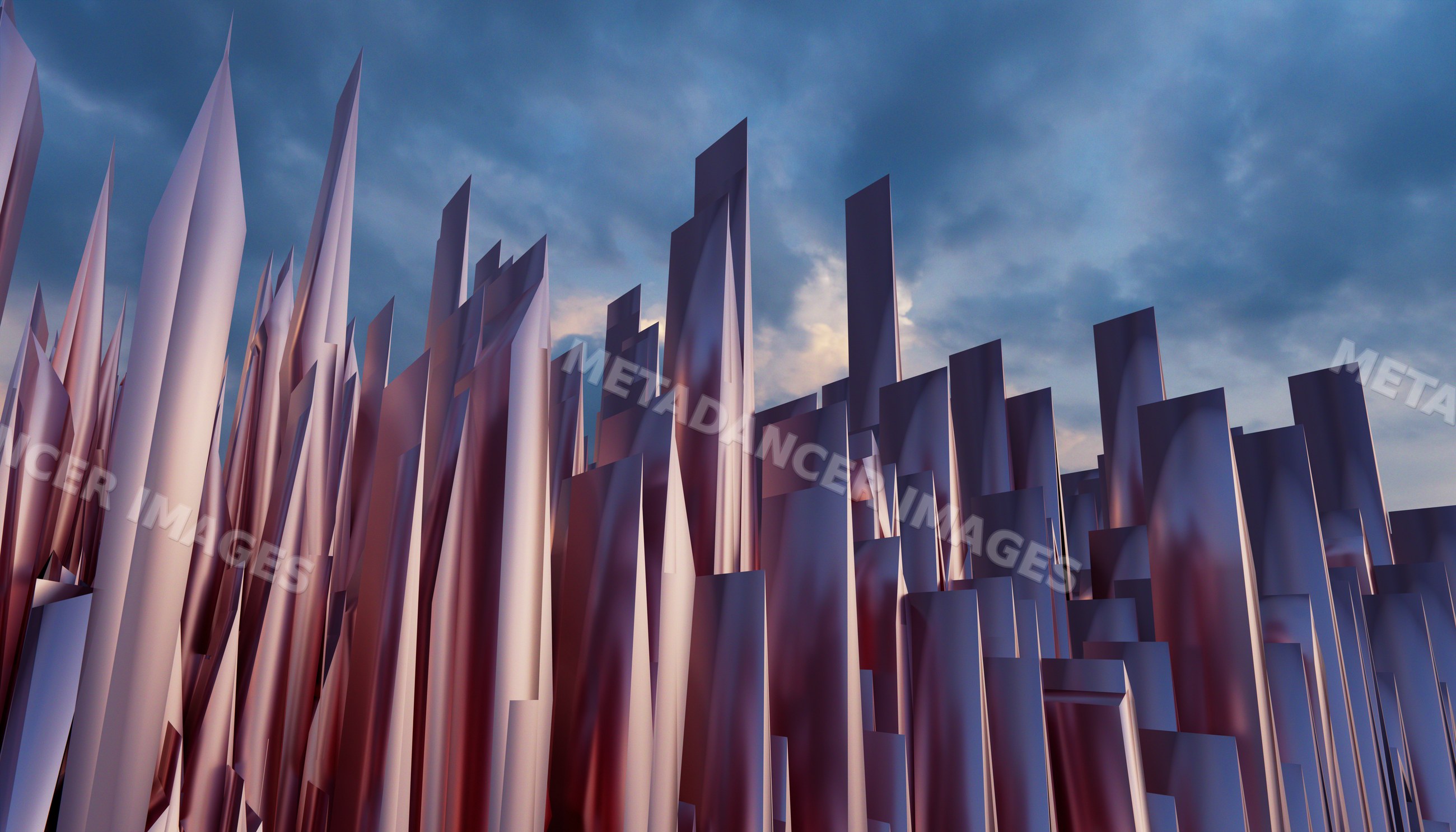 Abstract sharp metallic structures reflecting light under a cloudy sky