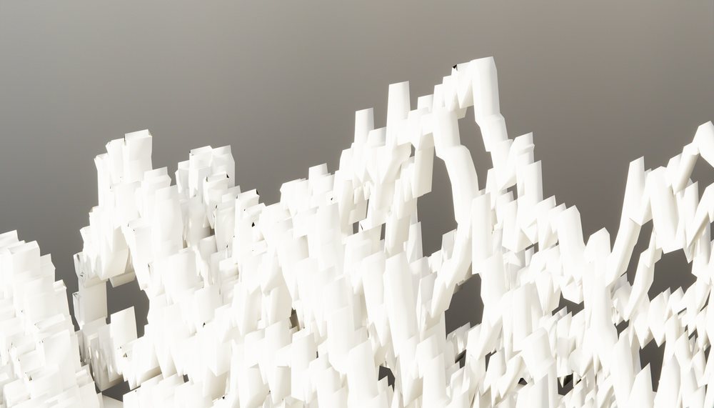 3d rendering of abstract white geometric shapes in a layered design