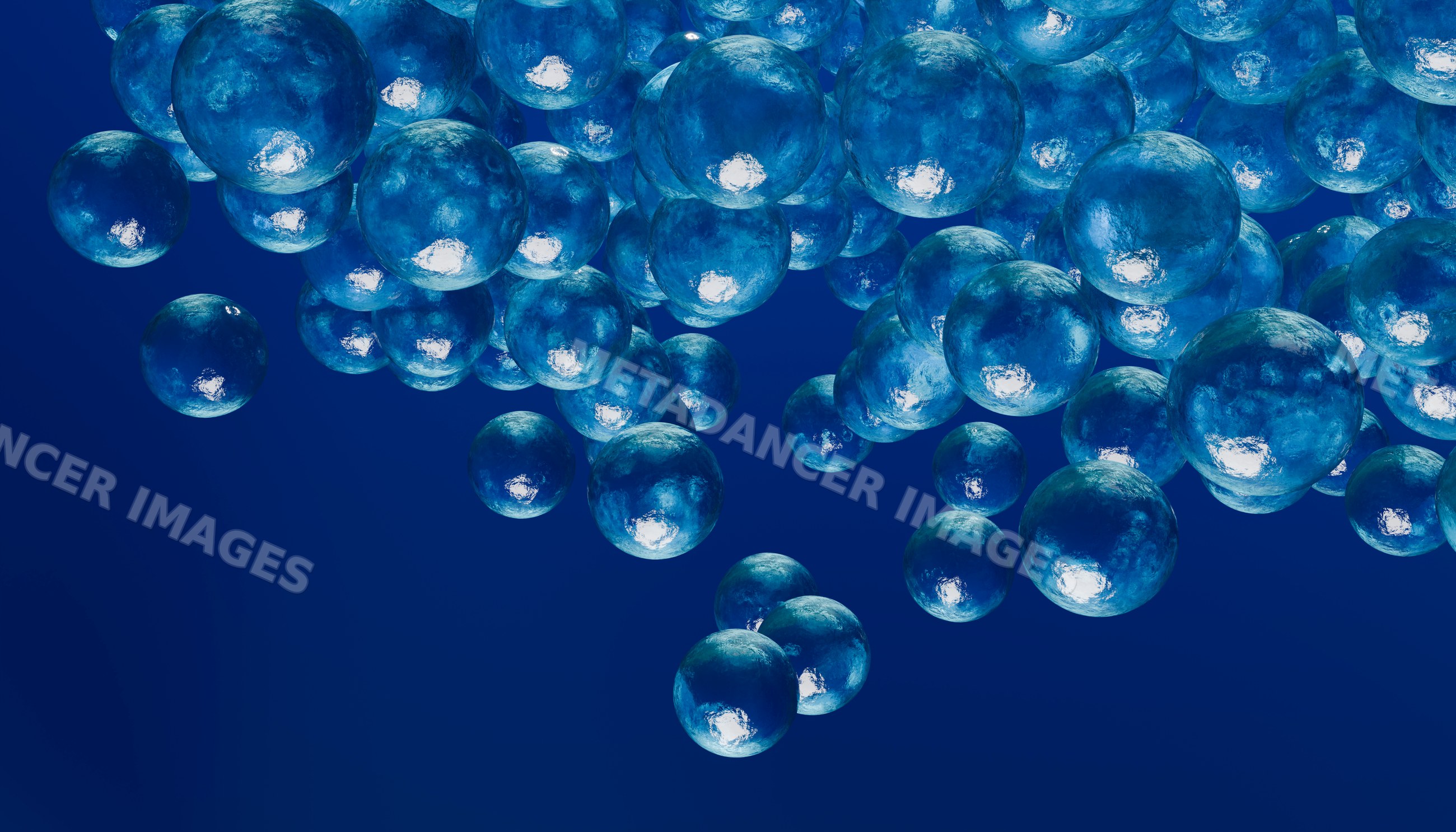 A digital rendering of multiple transparent blue spheres floating