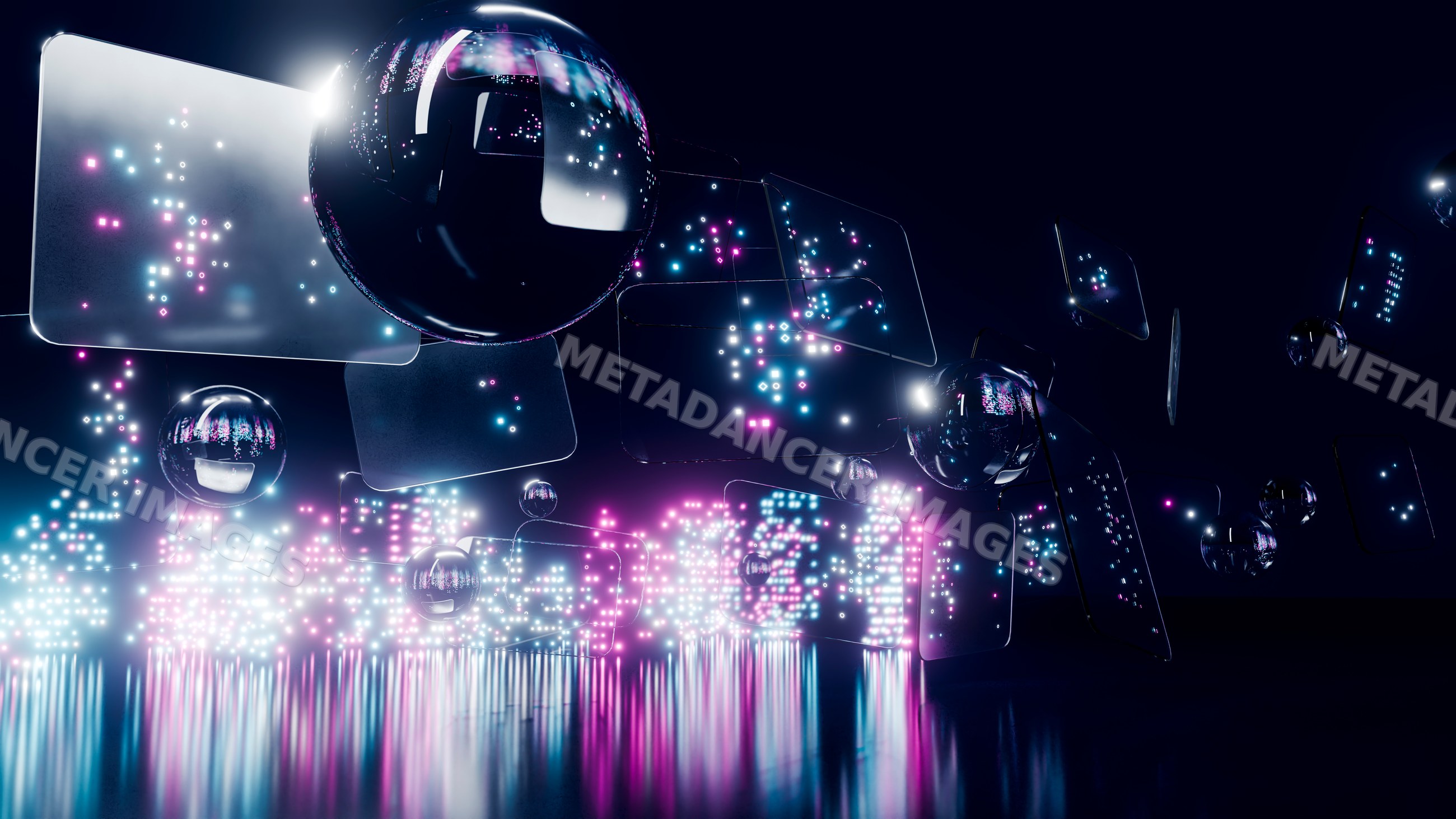 Transparent digital panels with glowing neon dots and floating spheres