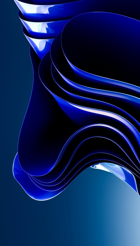 Blue abstract curved shapes with glossy fluid layers on dark