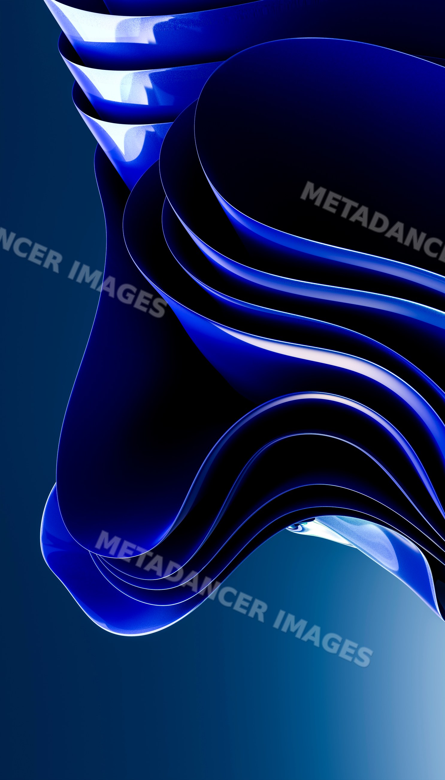 Blue abstract curved shapes with glossy fluid layers on dark