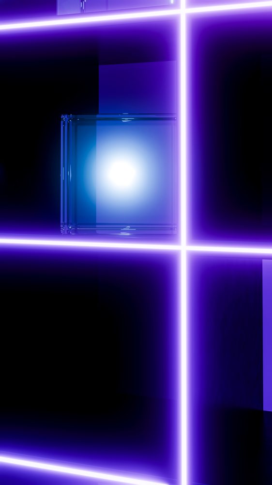 Glowing blue glass cube with purple neon light grid on dark background