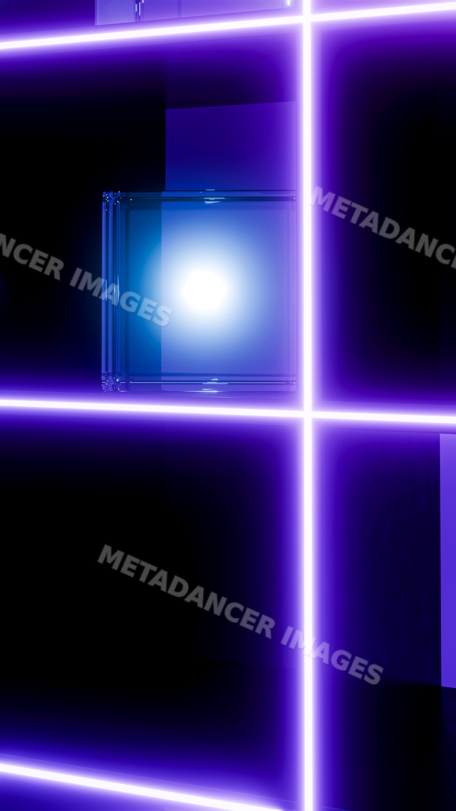 Glowing blue glass cube with purple neon light grid on dark background