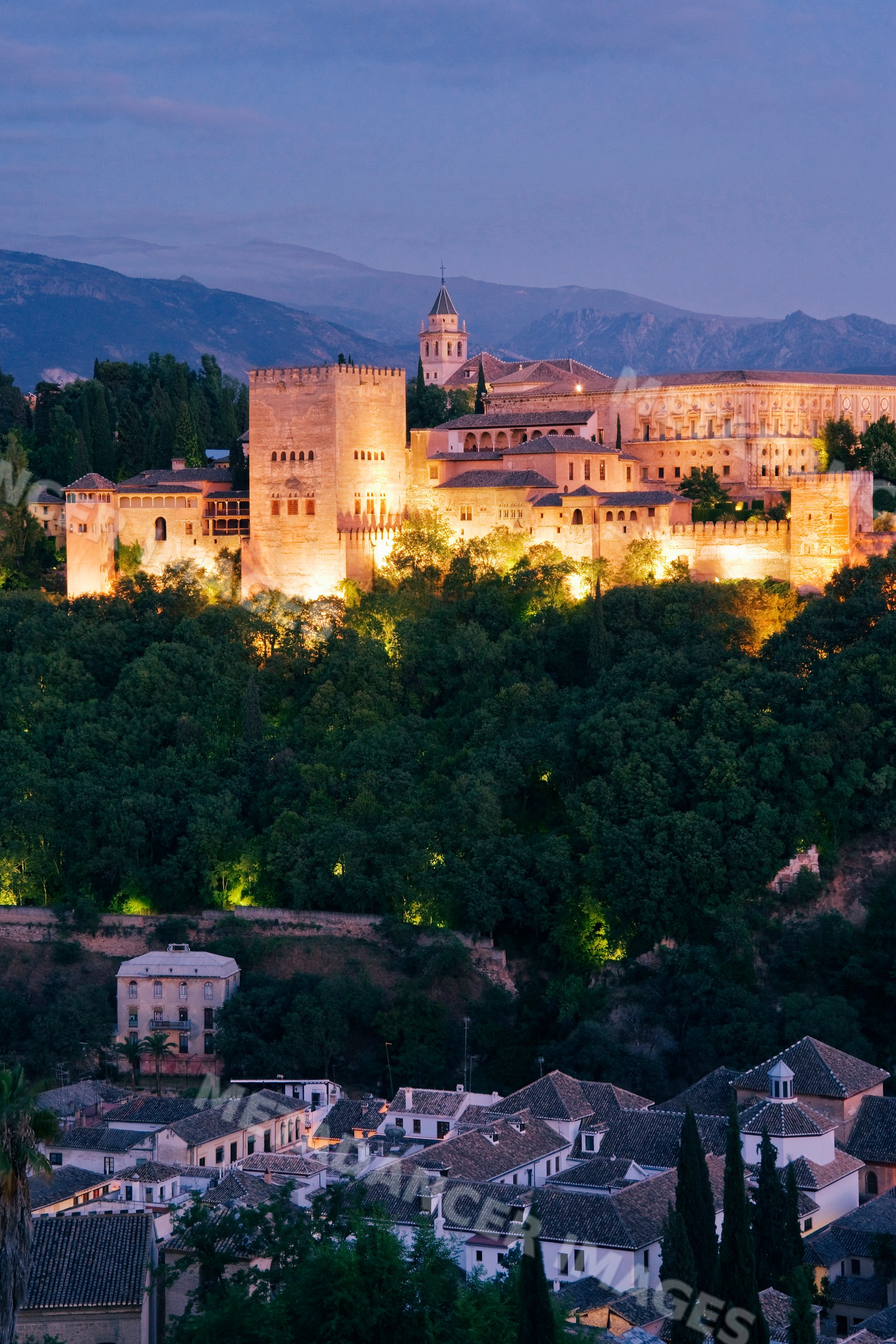 Alhambra historic fortress illuminated at night Spain