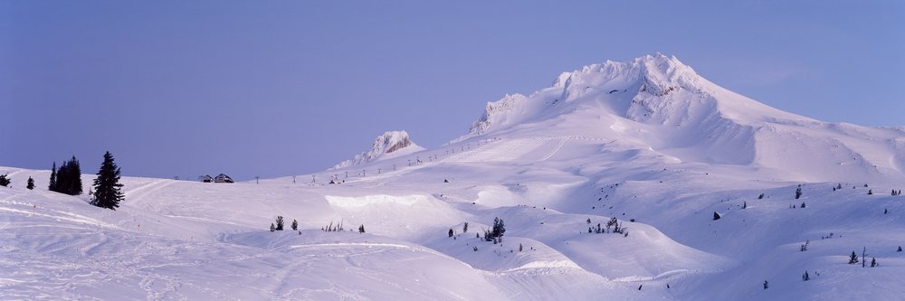 Mount hood snow-covered mountain with ski resort, USA