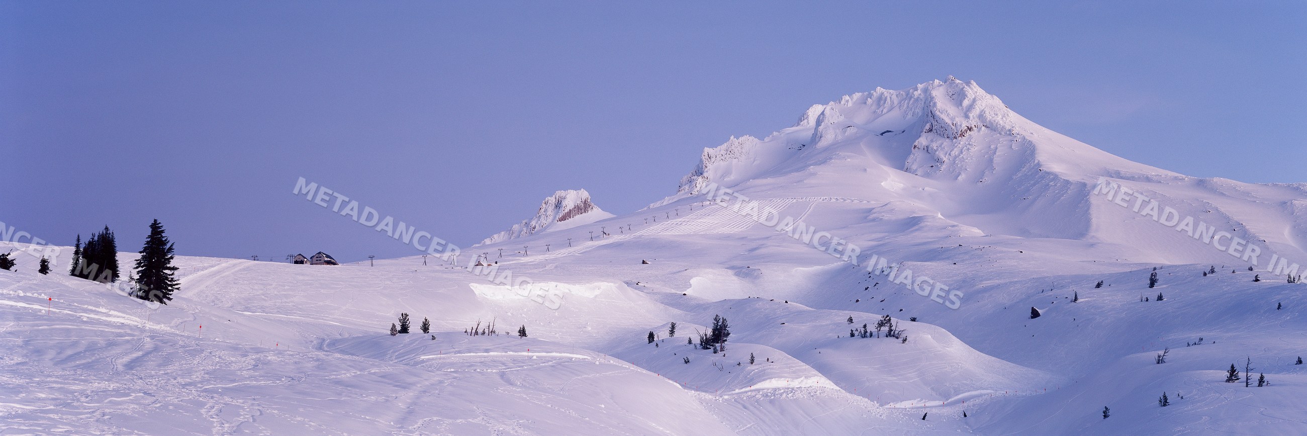 Mount hood snow-covered mountain with ski resort, USA