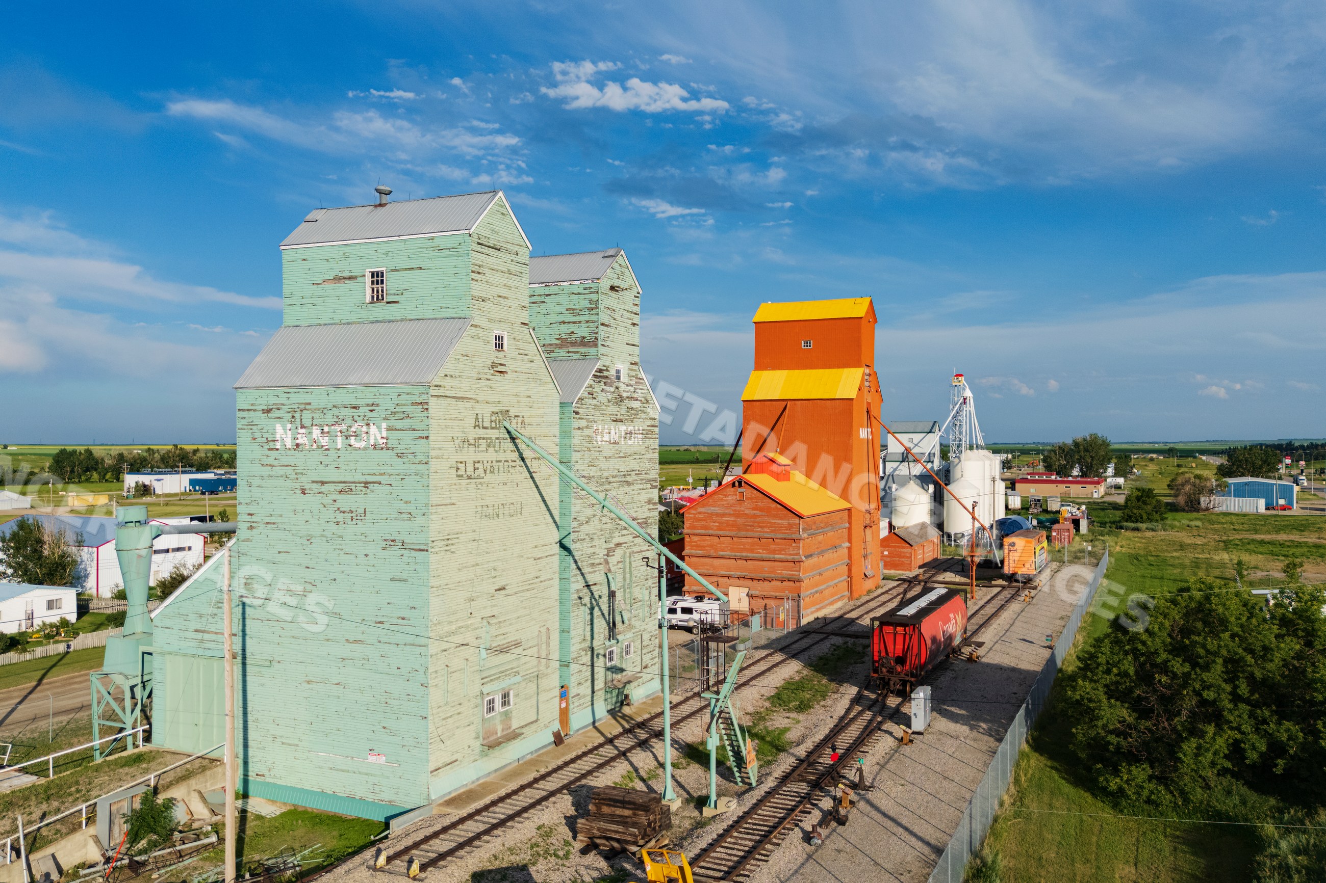 Grain Elevators and railway tracks in nanton, alberta, Canada
