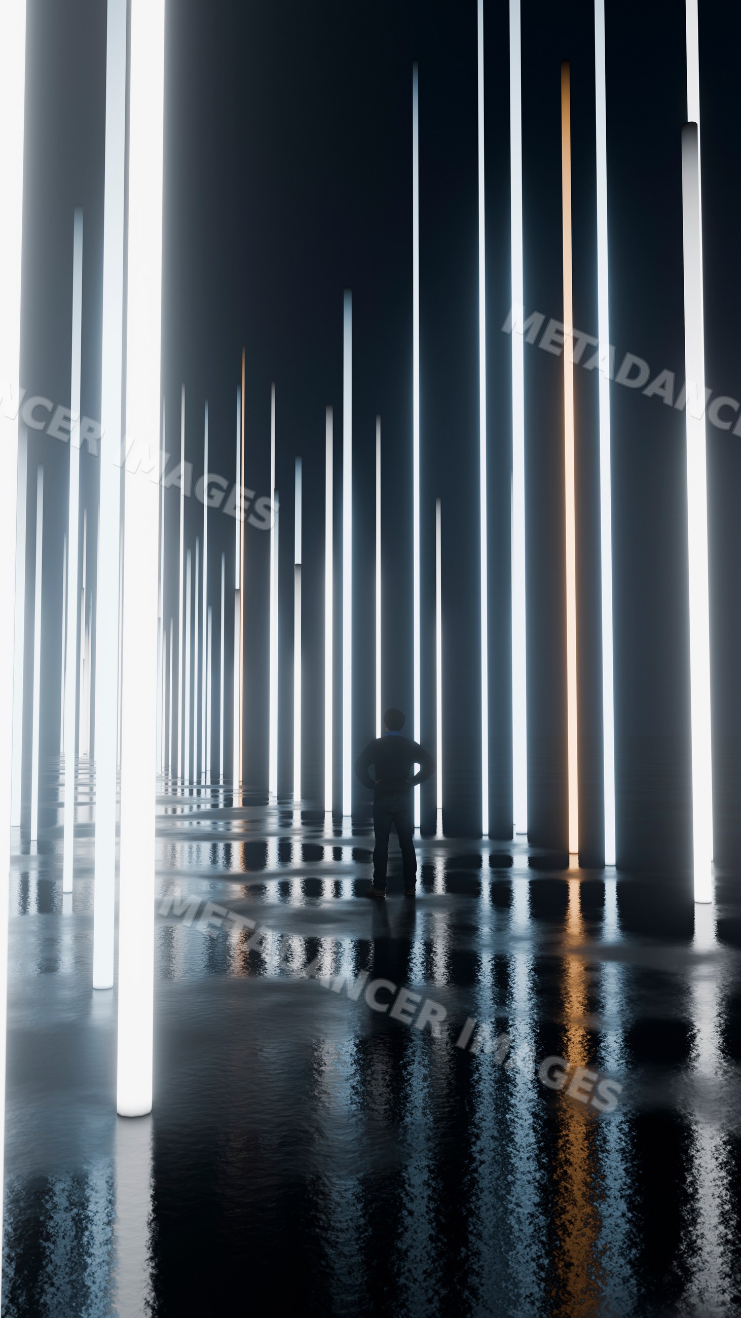 Man standing among glowing vertical light pillars in dark space