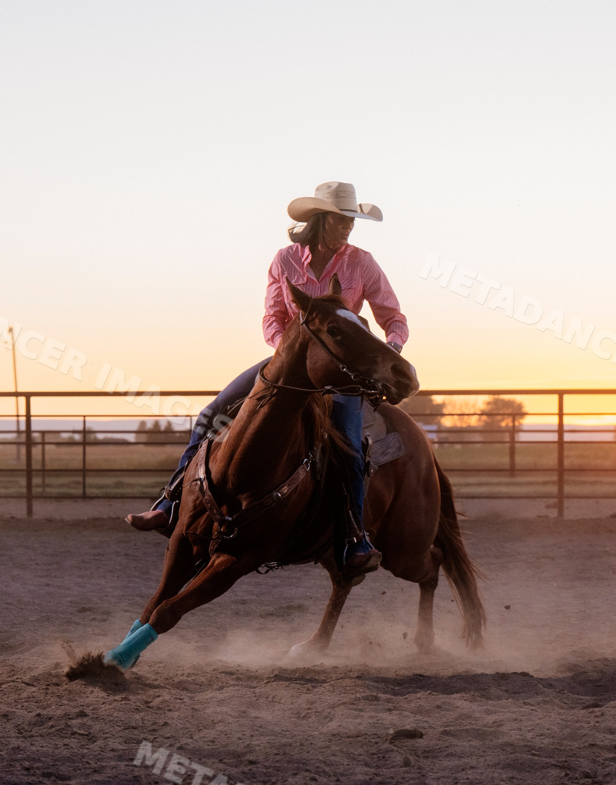 White woman riding brown horse in arena at sunset in Southwest USA