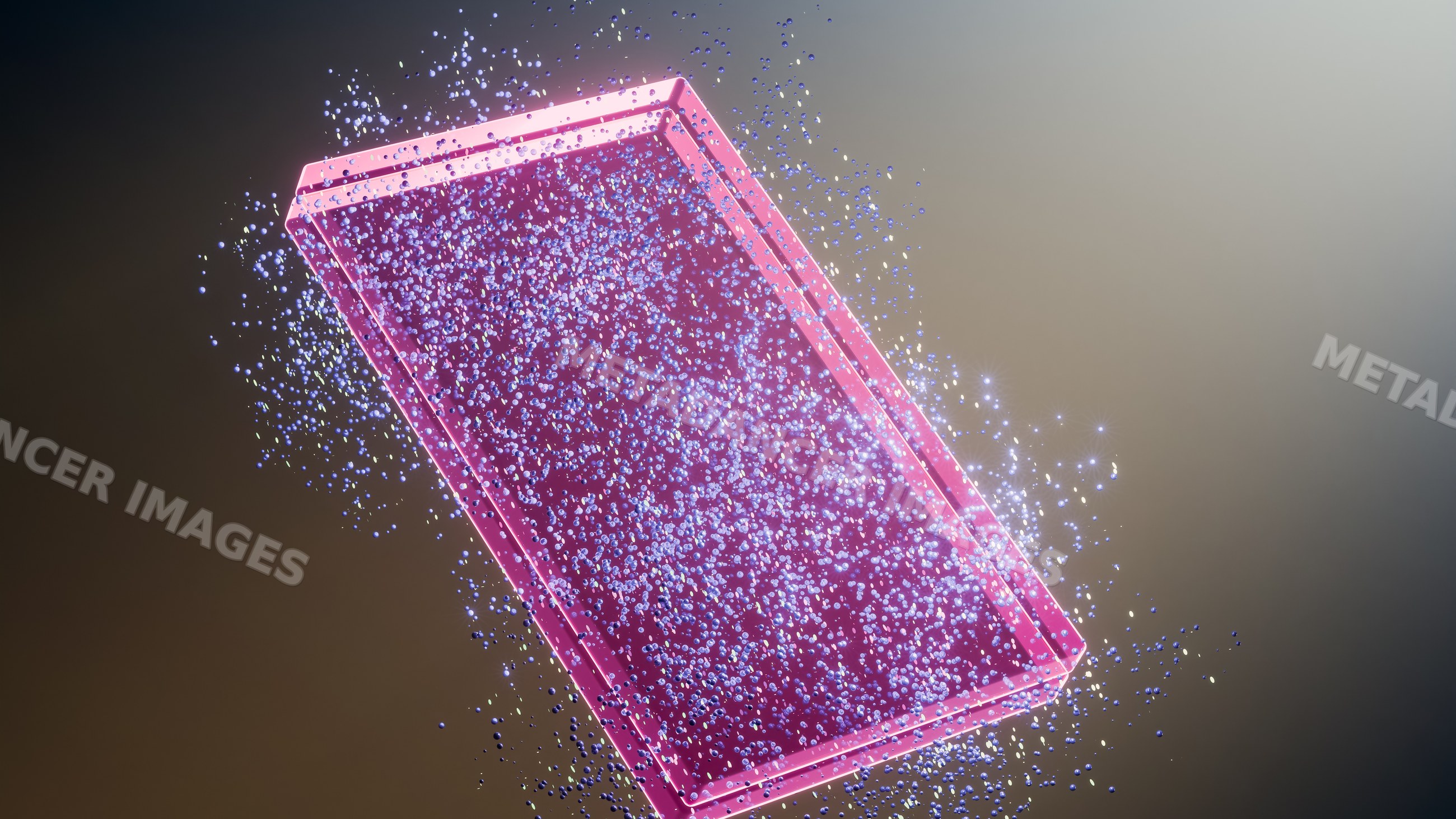 Abstract pink rectangular frame with floating blue glowing particles