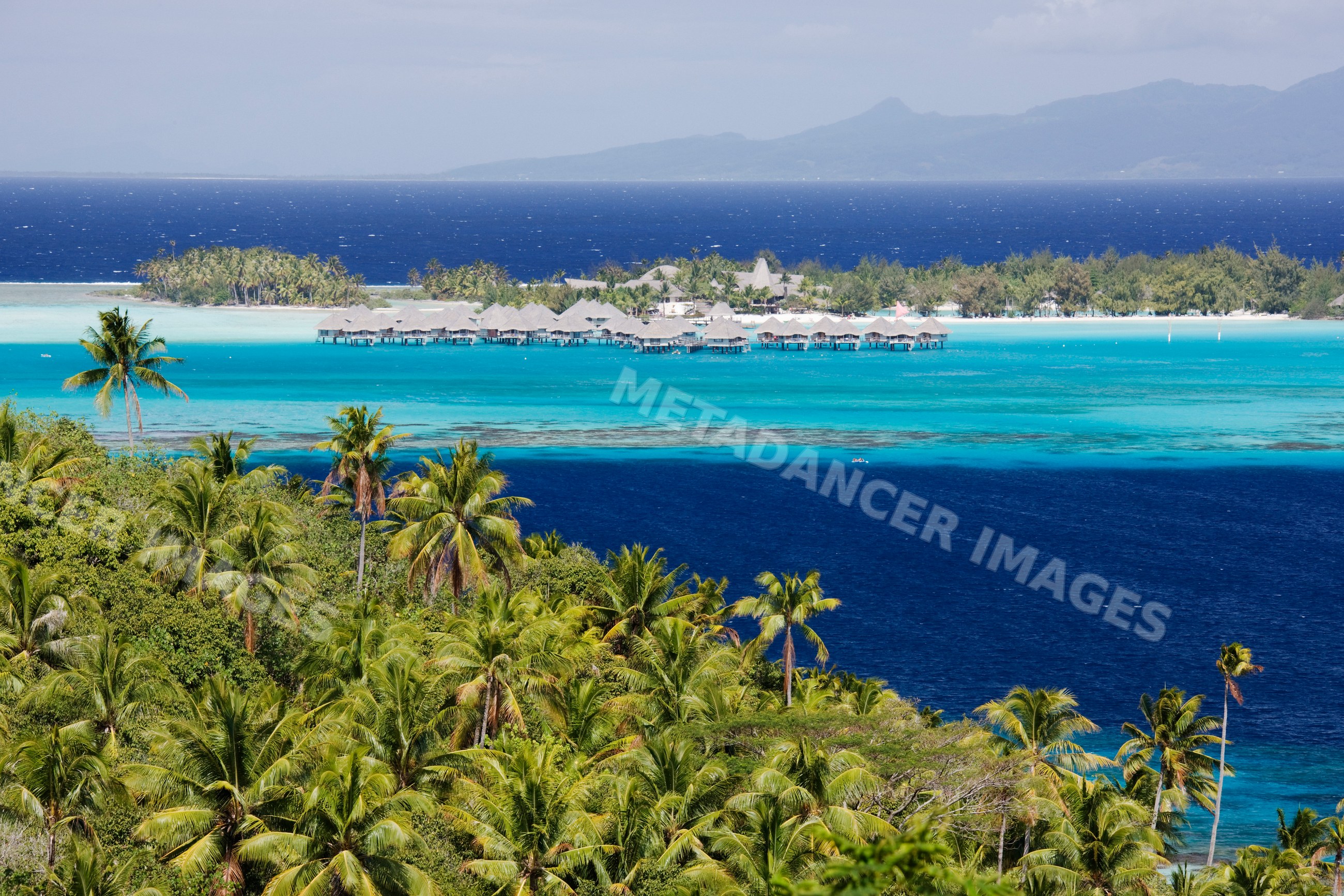 Overwater bungalows at a bora resort with palm trees and vibrant