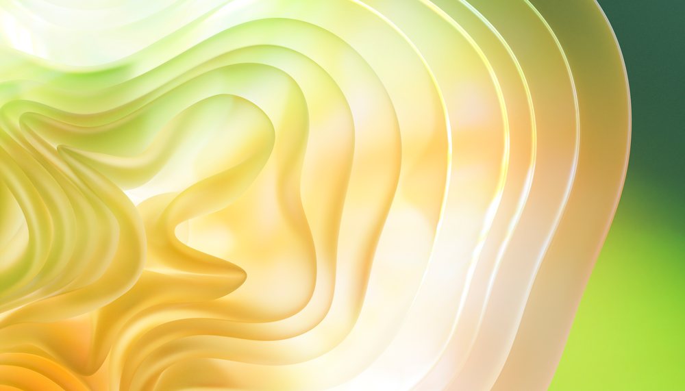 Abstract translucent shapes with glowing yellow curves and green