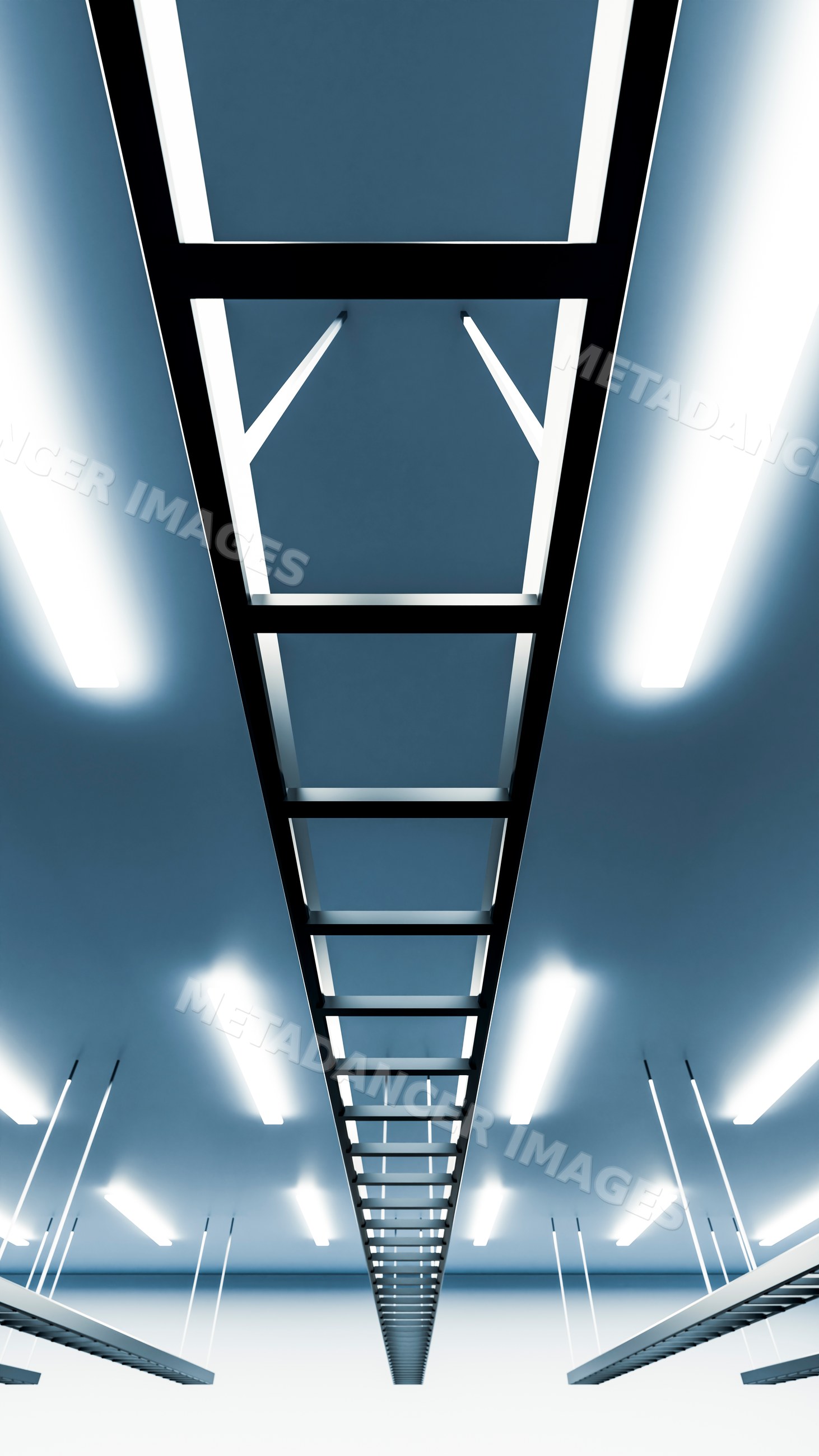 Metal ladder hanging from ceiling with fluorescent lights