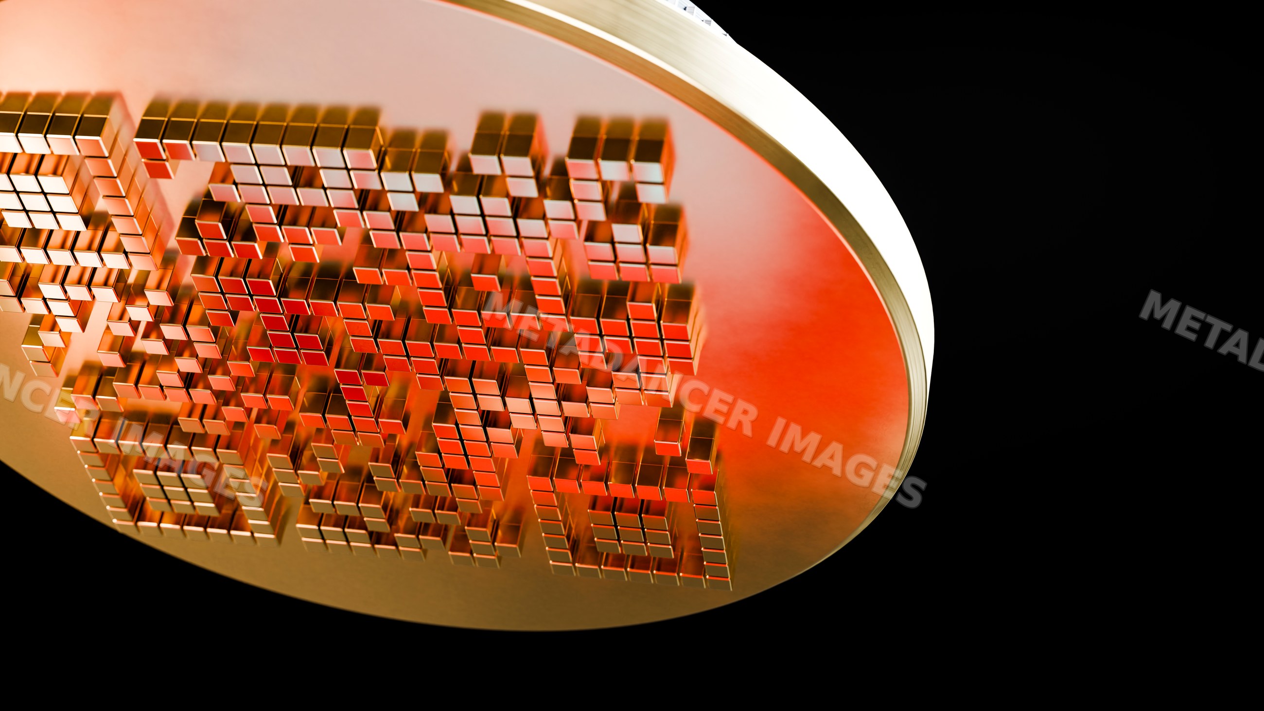 Golden disc featuring a 3d cube qr code on black background