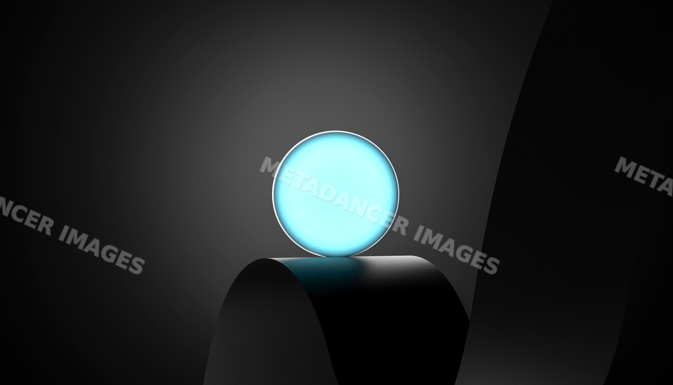 A blue glowing sphere illuminated on a black curved surface