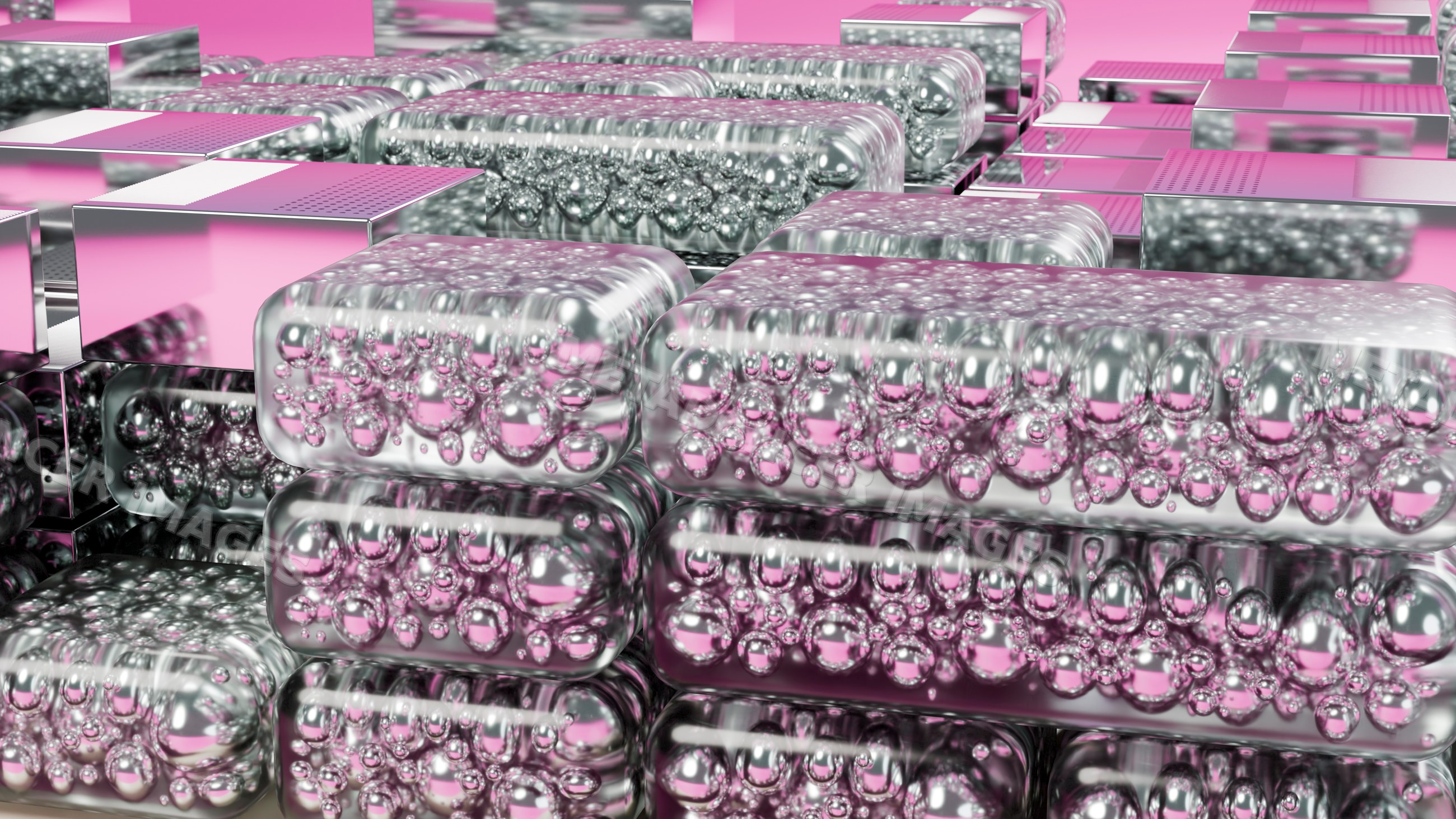 Stacked transparent 3d blocks filled with bubbles on pink background