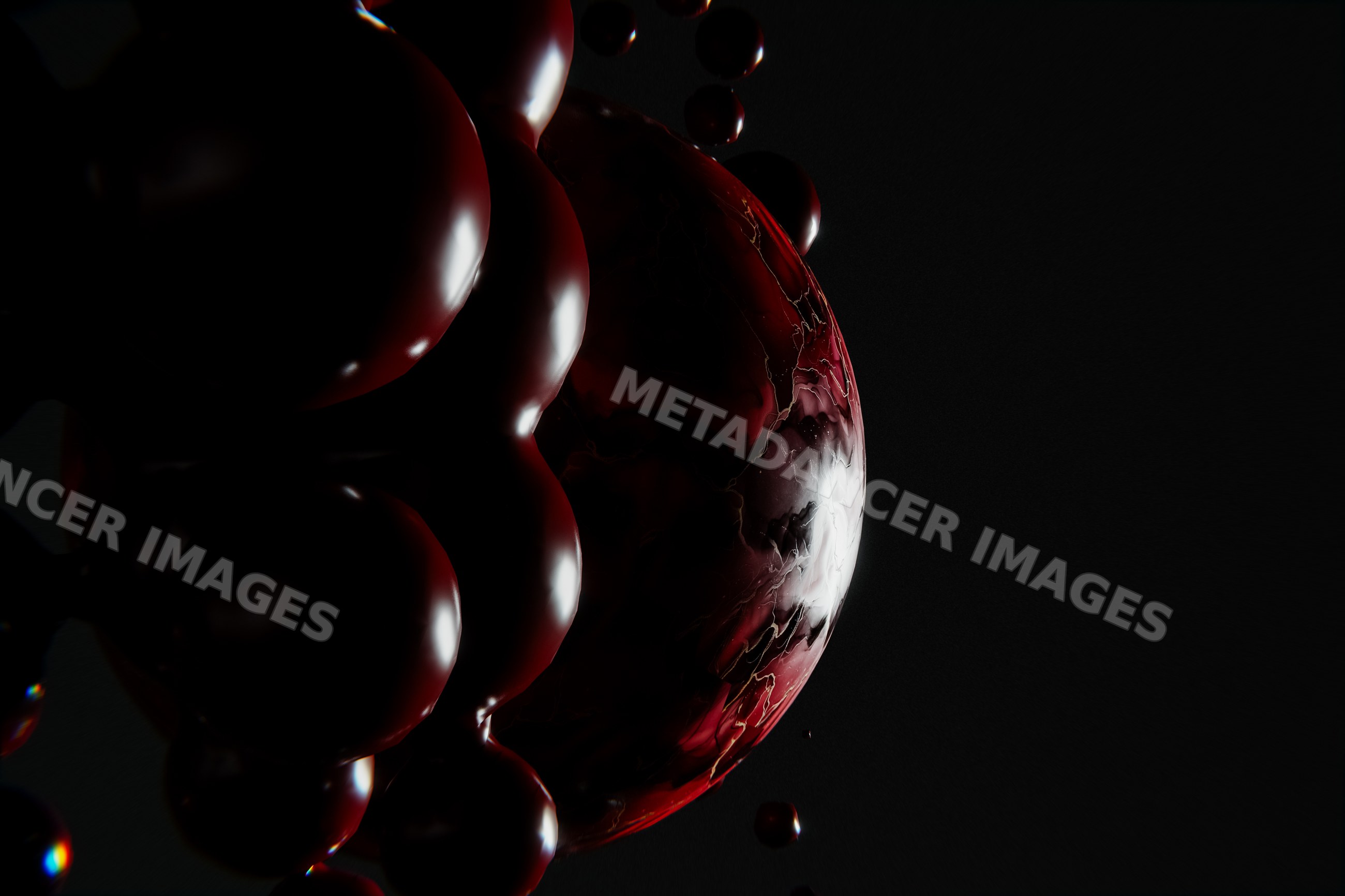 Abstract glossy red spheres with marbled texture on black background