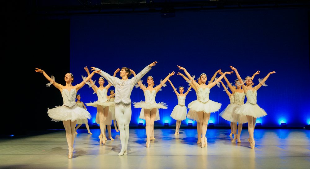 Ballet dancers performing a classical routine on stage
