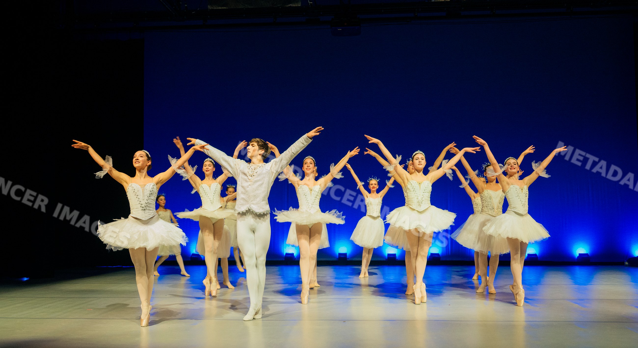 Ballet dancers performing a classical routine on stage