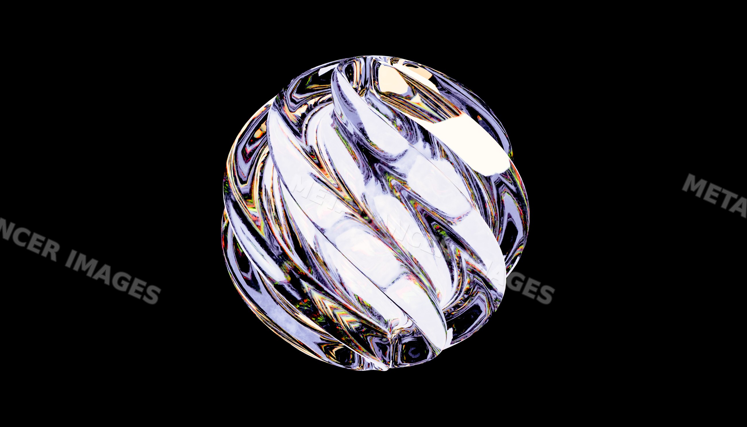 Abstract glass sphere with swirling patterns and cube