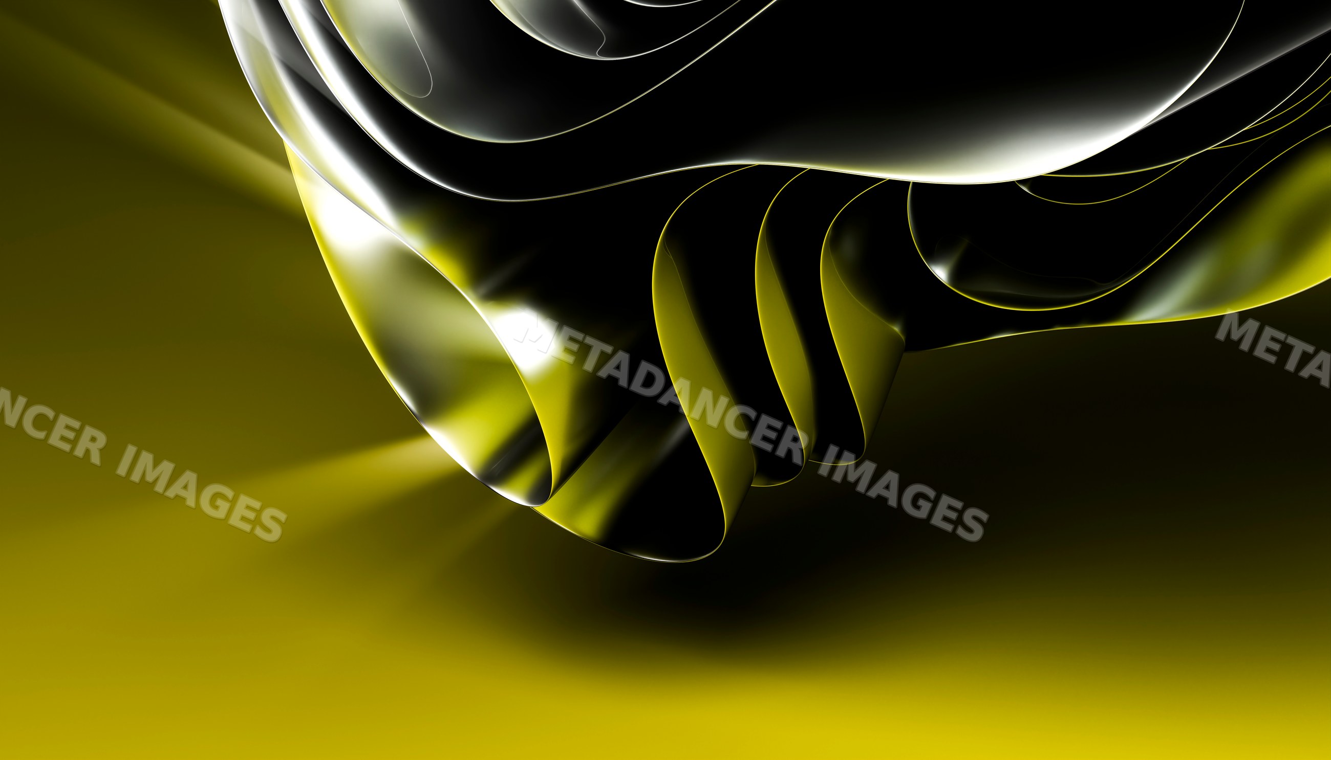 Abstract fluid form with smooth Black and yellow reflective surfaces