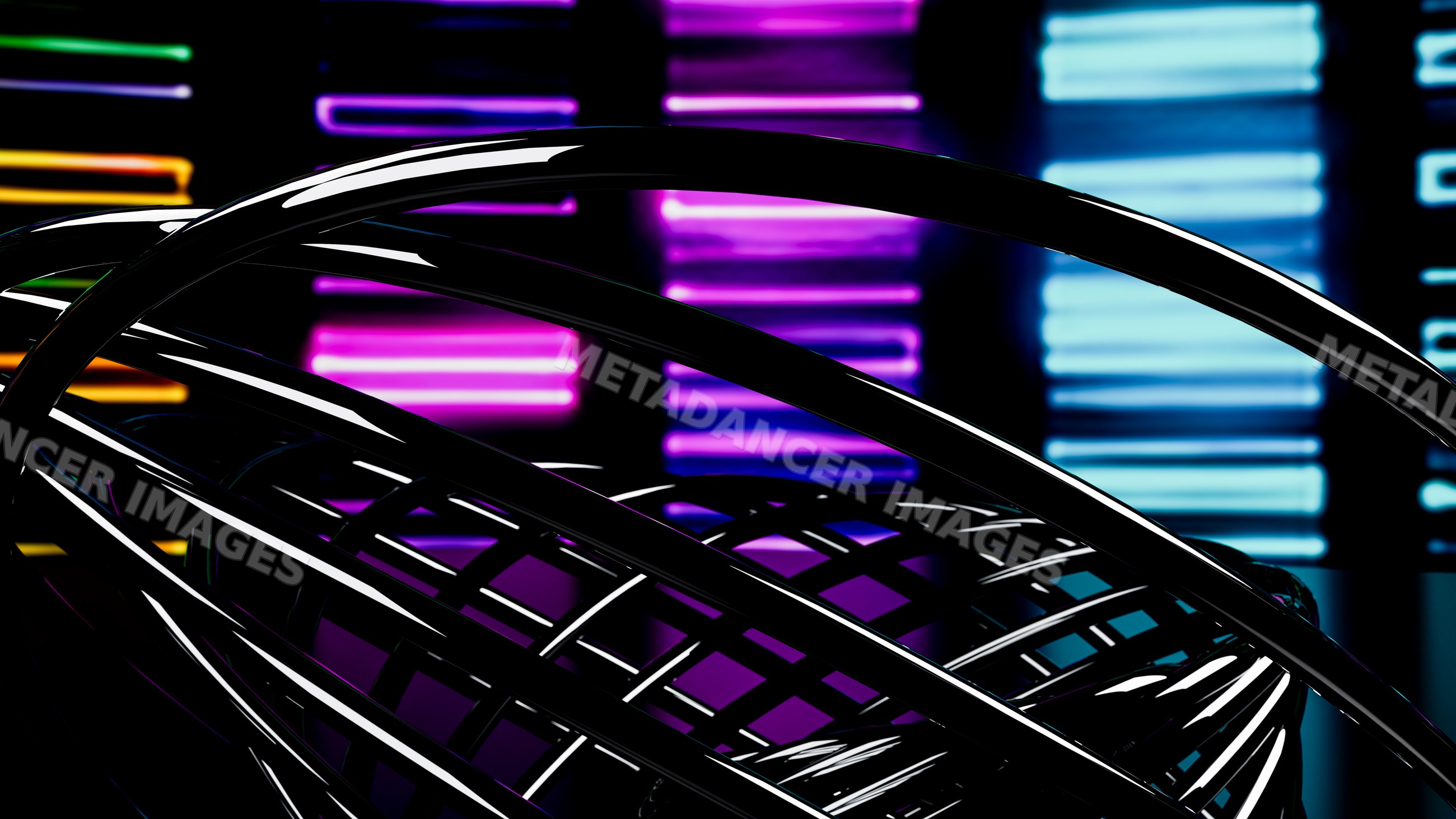 Black double helix dna model with colorful neon background