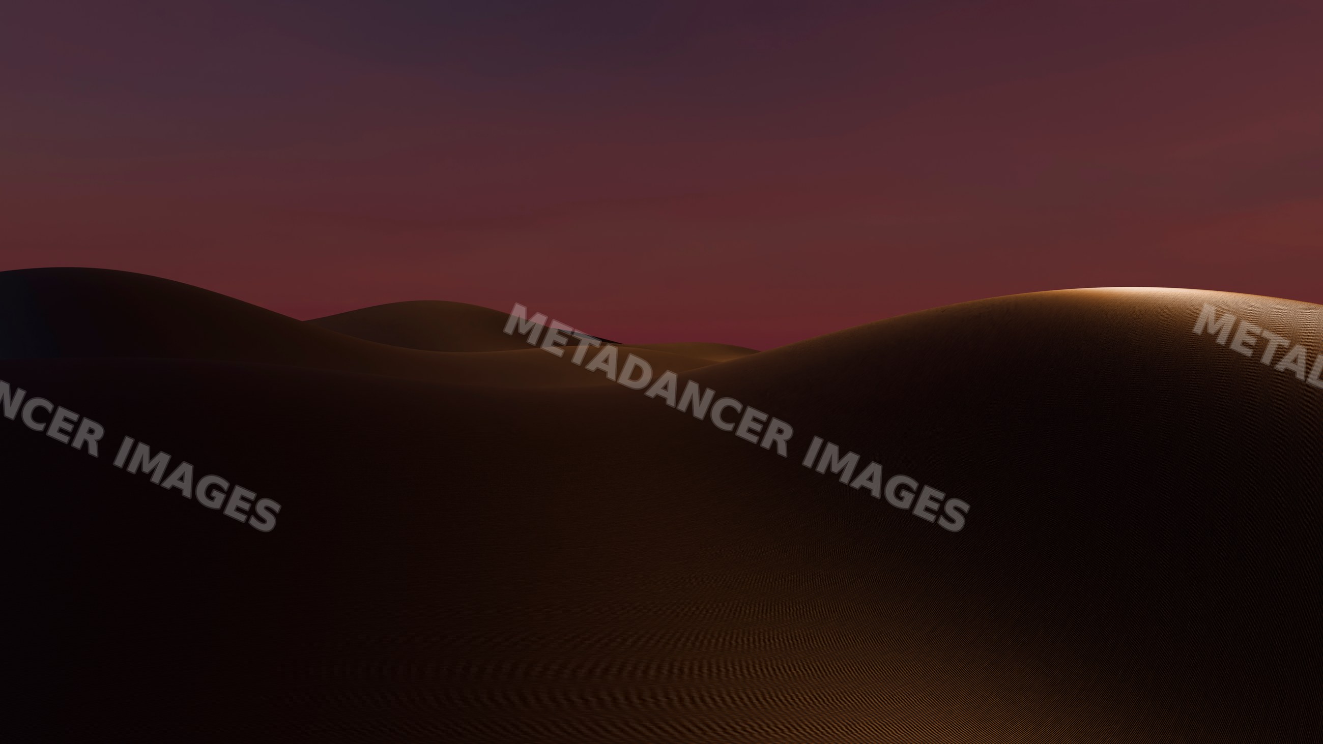 Sand dunes glowing under a purple sunset desert sky