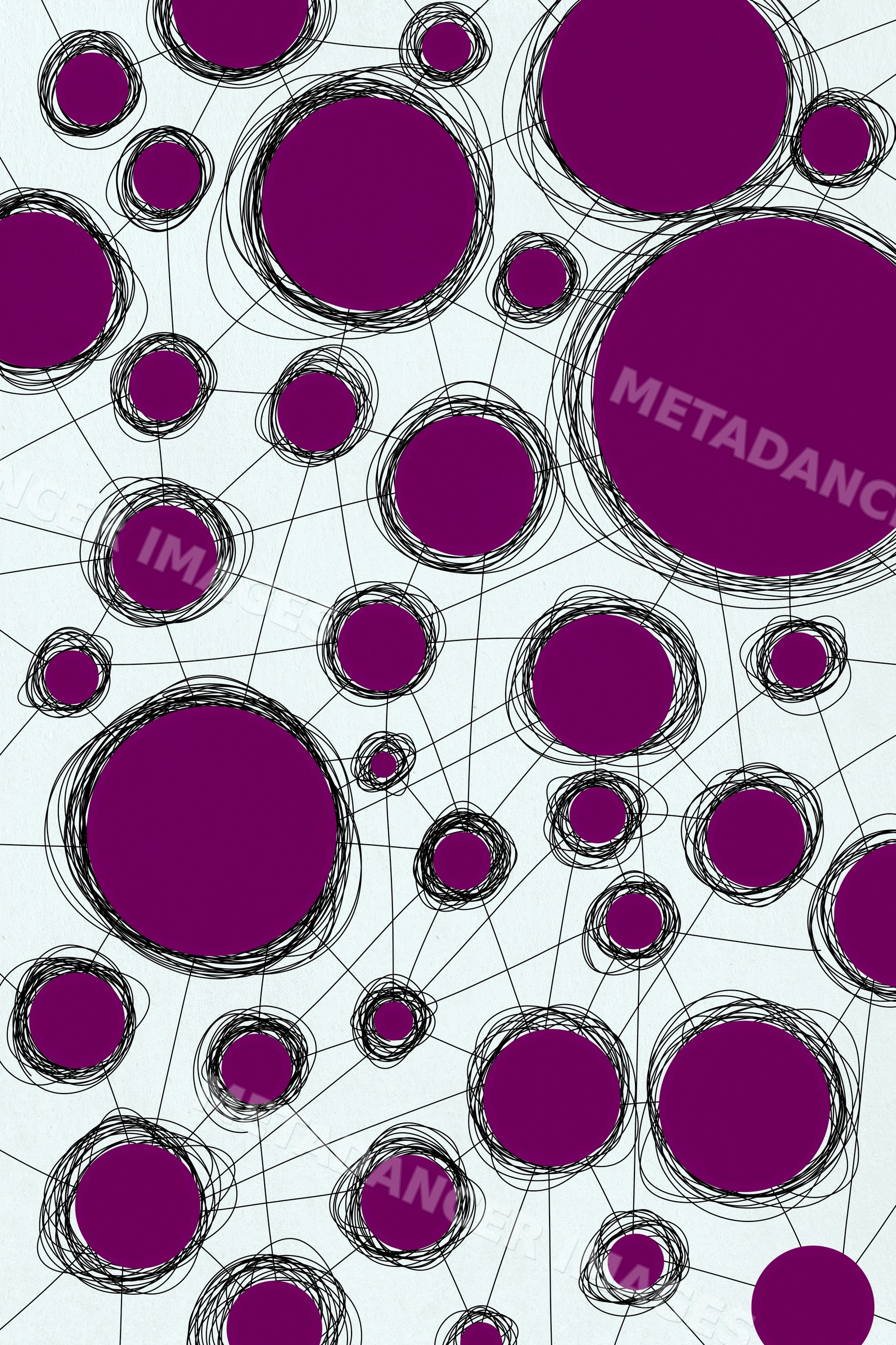Abstract purple circles connected by Black scribble lines network