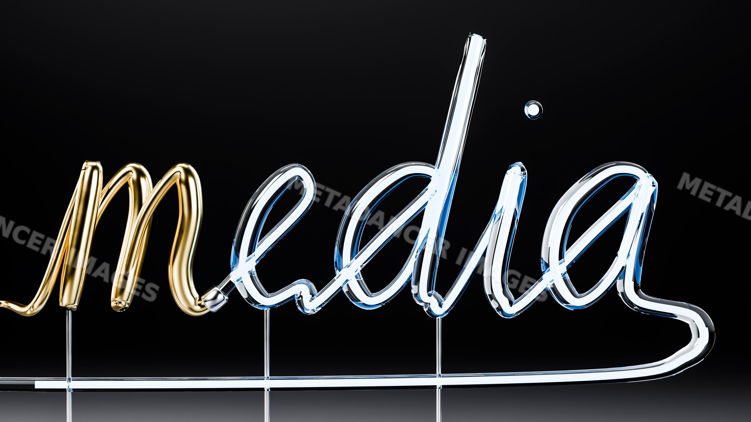 Media word in glowing glass neon light tubes
