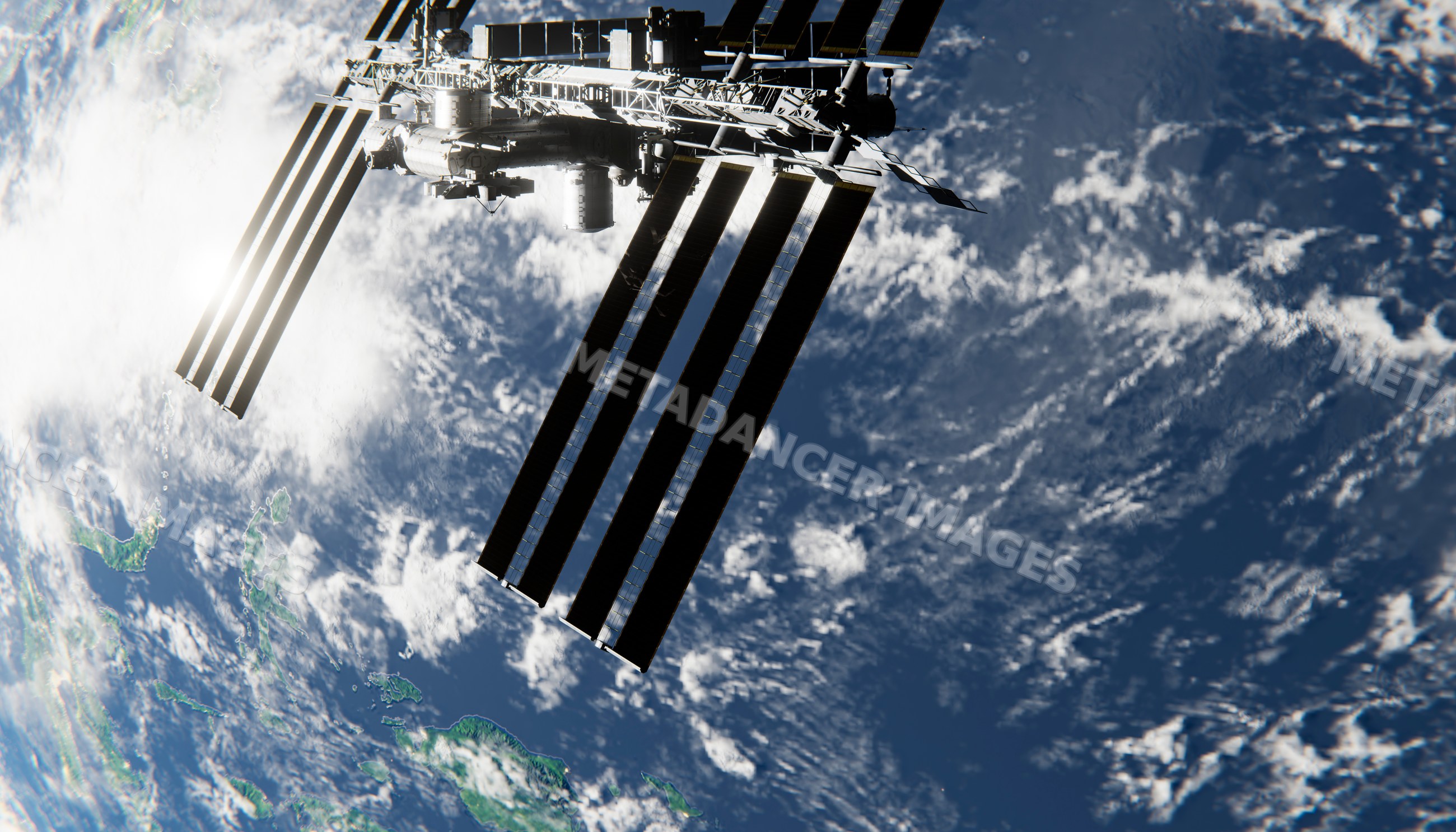 An orbital space station orbits earth with solar panels extended