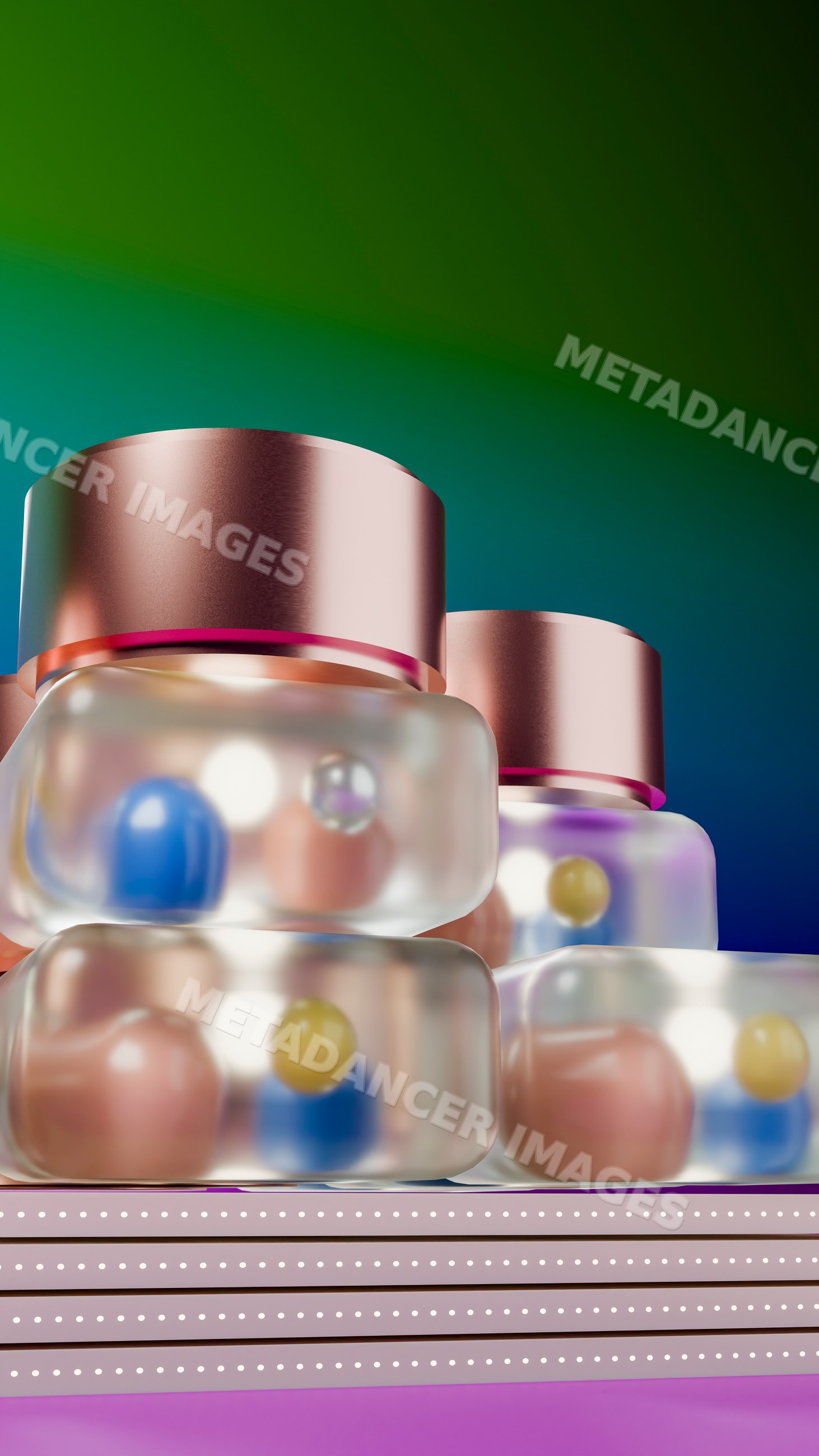 Colorful spheres in transparent glass jars with metal lids