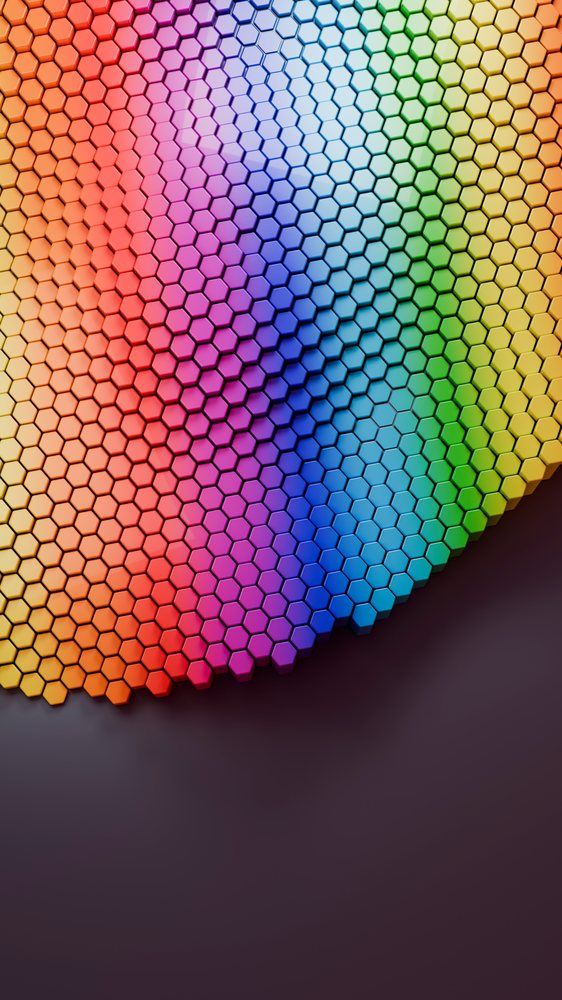 Colorful hexagonal pattern creating rainbow gradient abstract