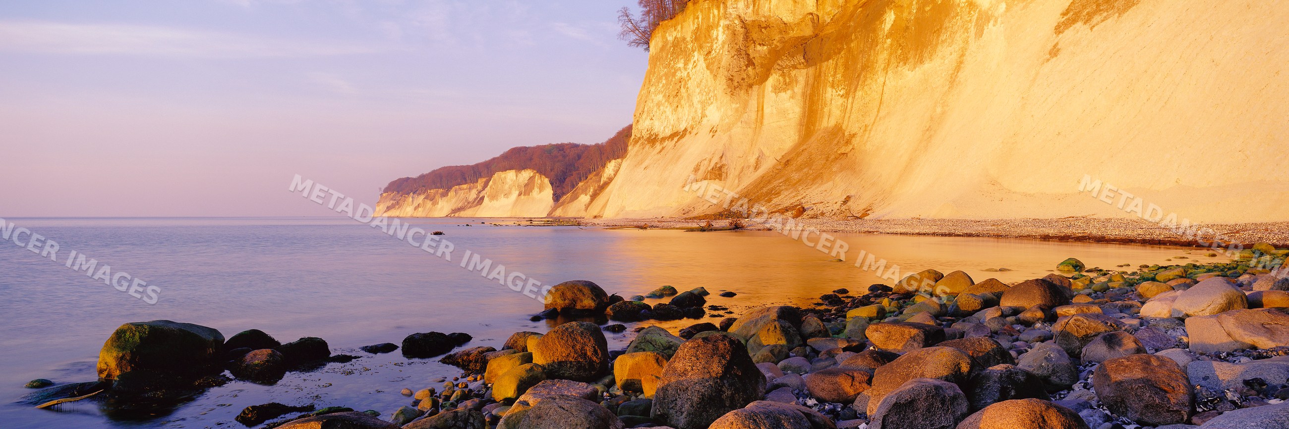 Chalk cliffs along the coast of rugen island at sunset